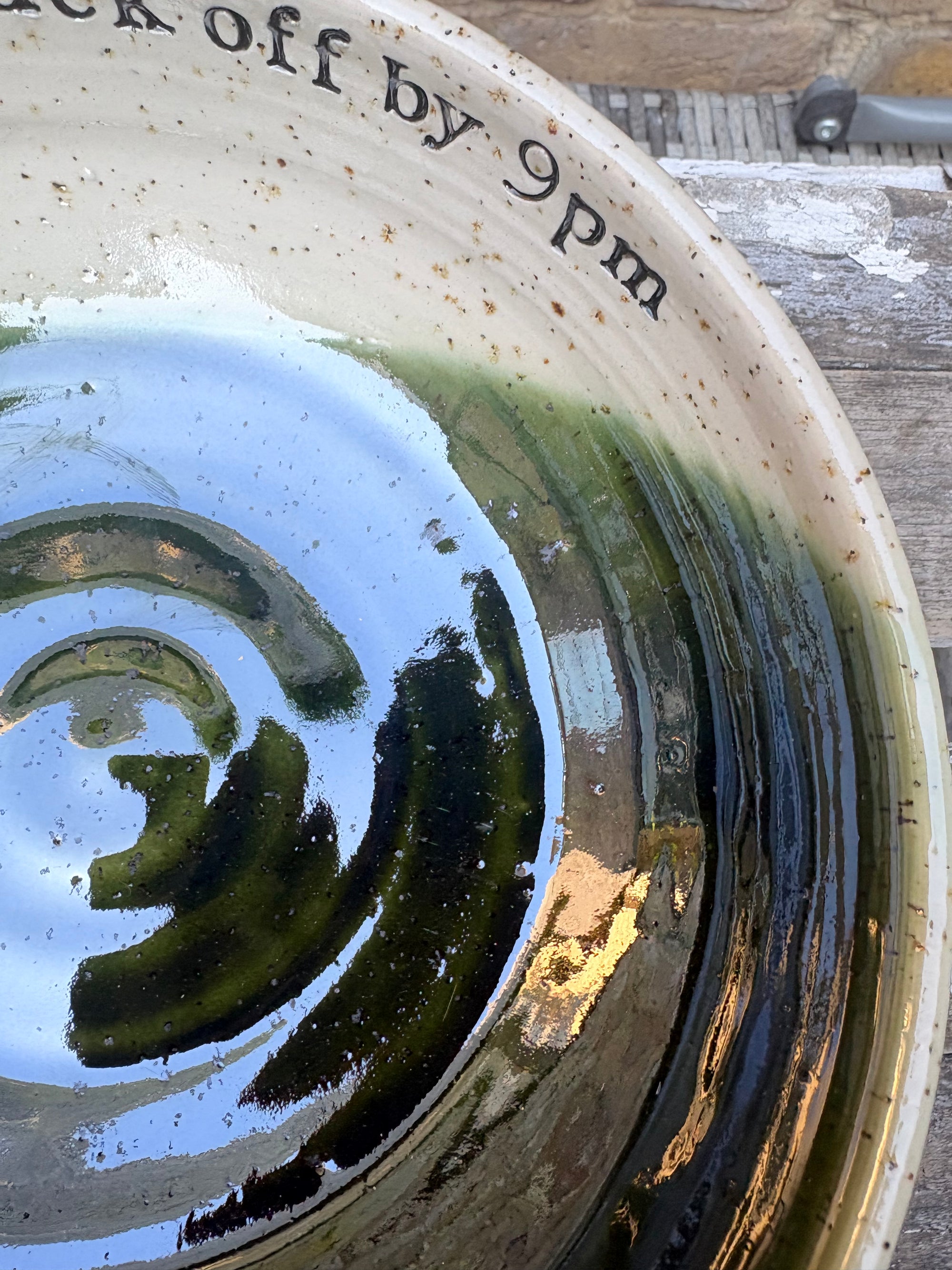 “eat, drink and fuck off by 9pm"  deep round salad/pasta bowl (green, flecked clay)