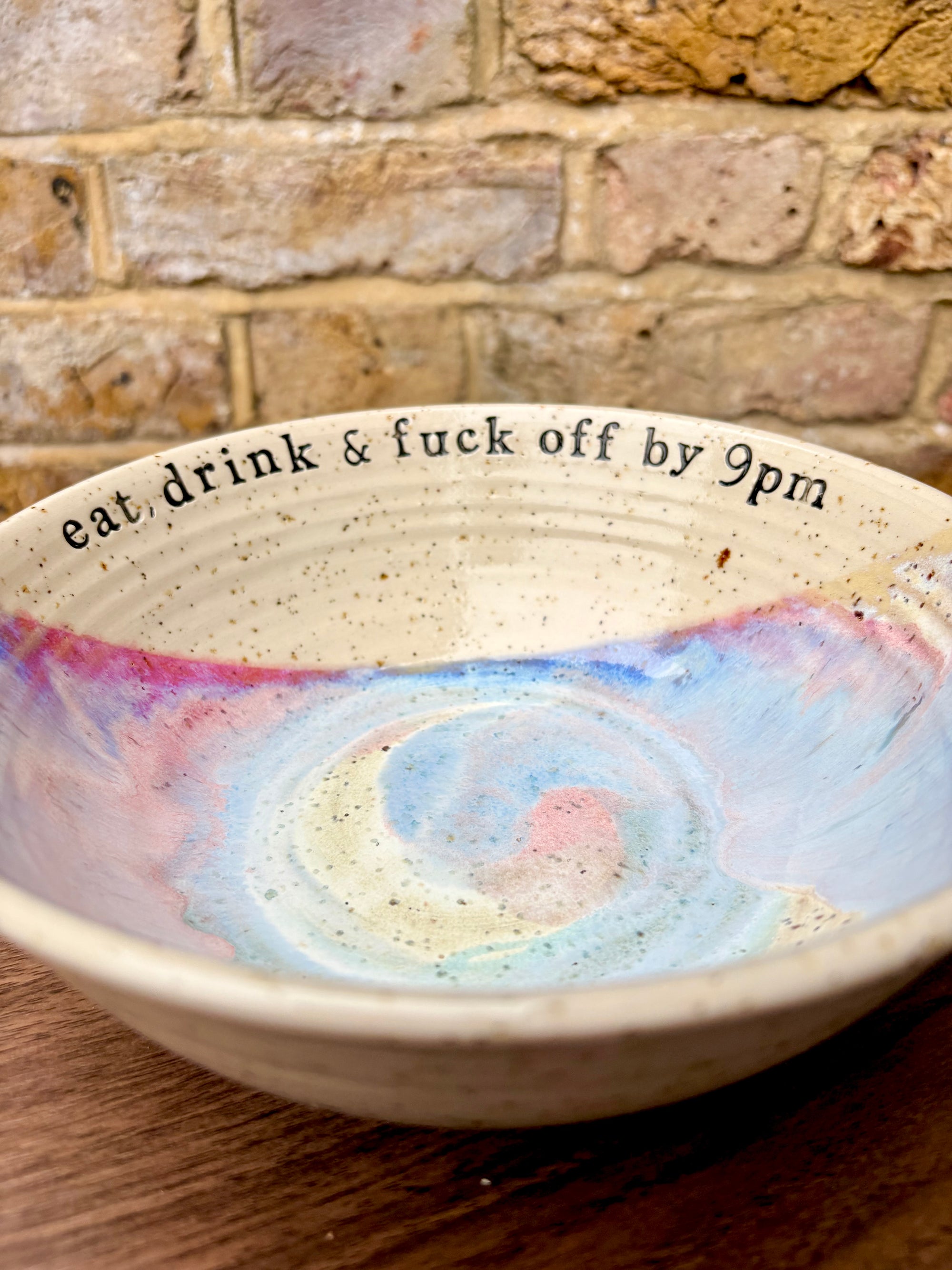 “eat, drink and fuck off by 9pm" round salad/pasta bowl (pastels, flecked clay)