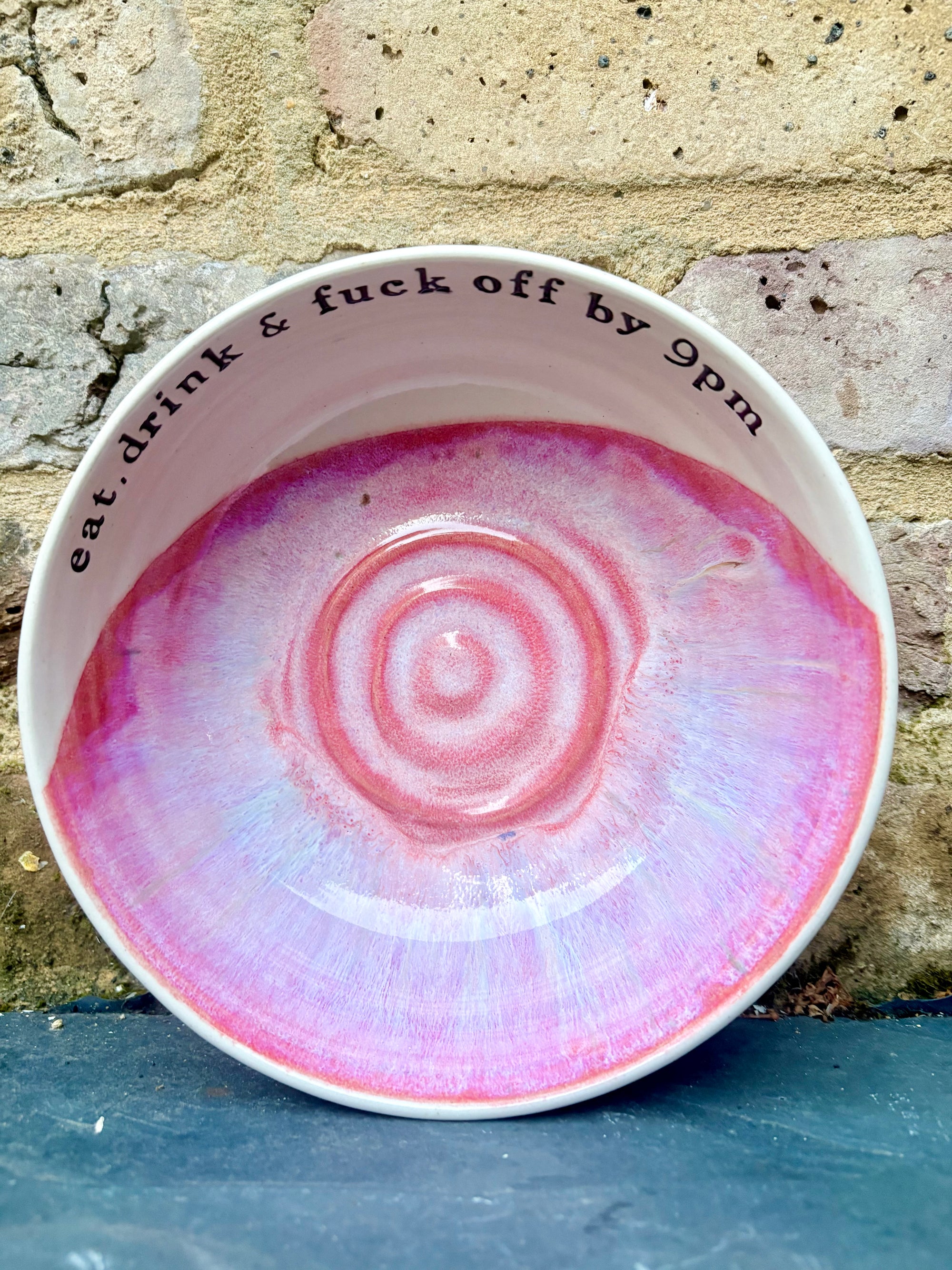 “eat, drink and fuck off by 9pm" round salad/pasta bowl (pink, cream clay)
