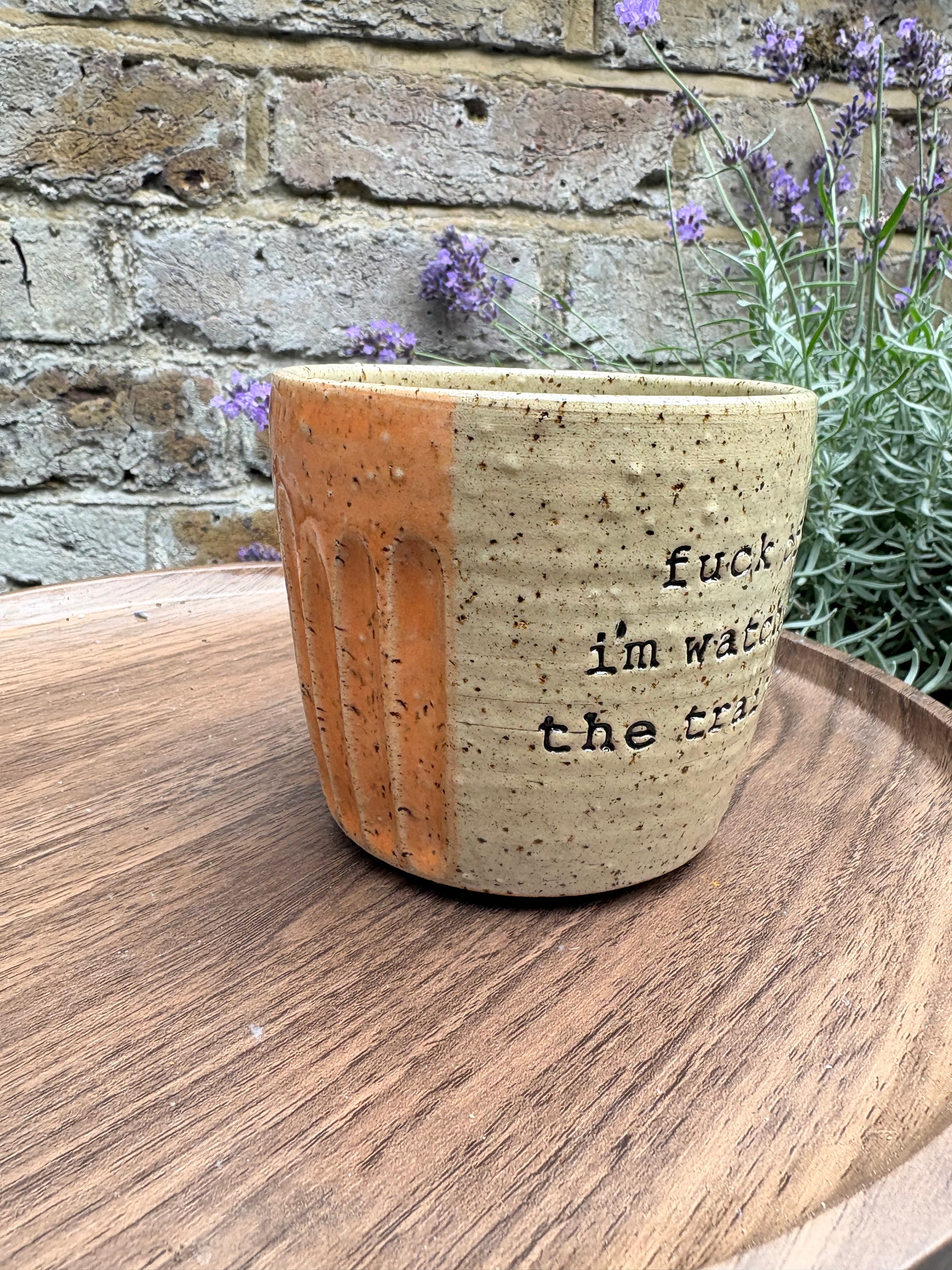 "fuck off, i'm watching the traitors" mug (no handle/orange/grooves, 300ml)