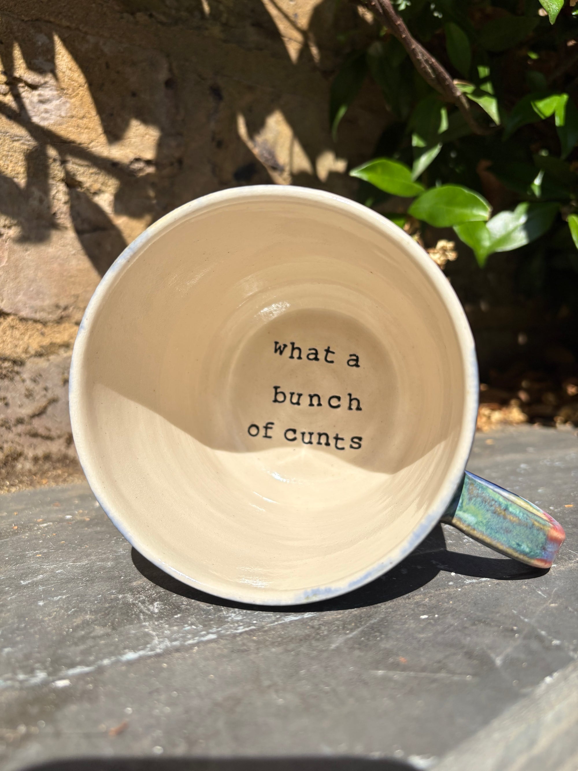 "really happy to be here” "what a bunch of cunts" mug (pink night sky, 375ml)
