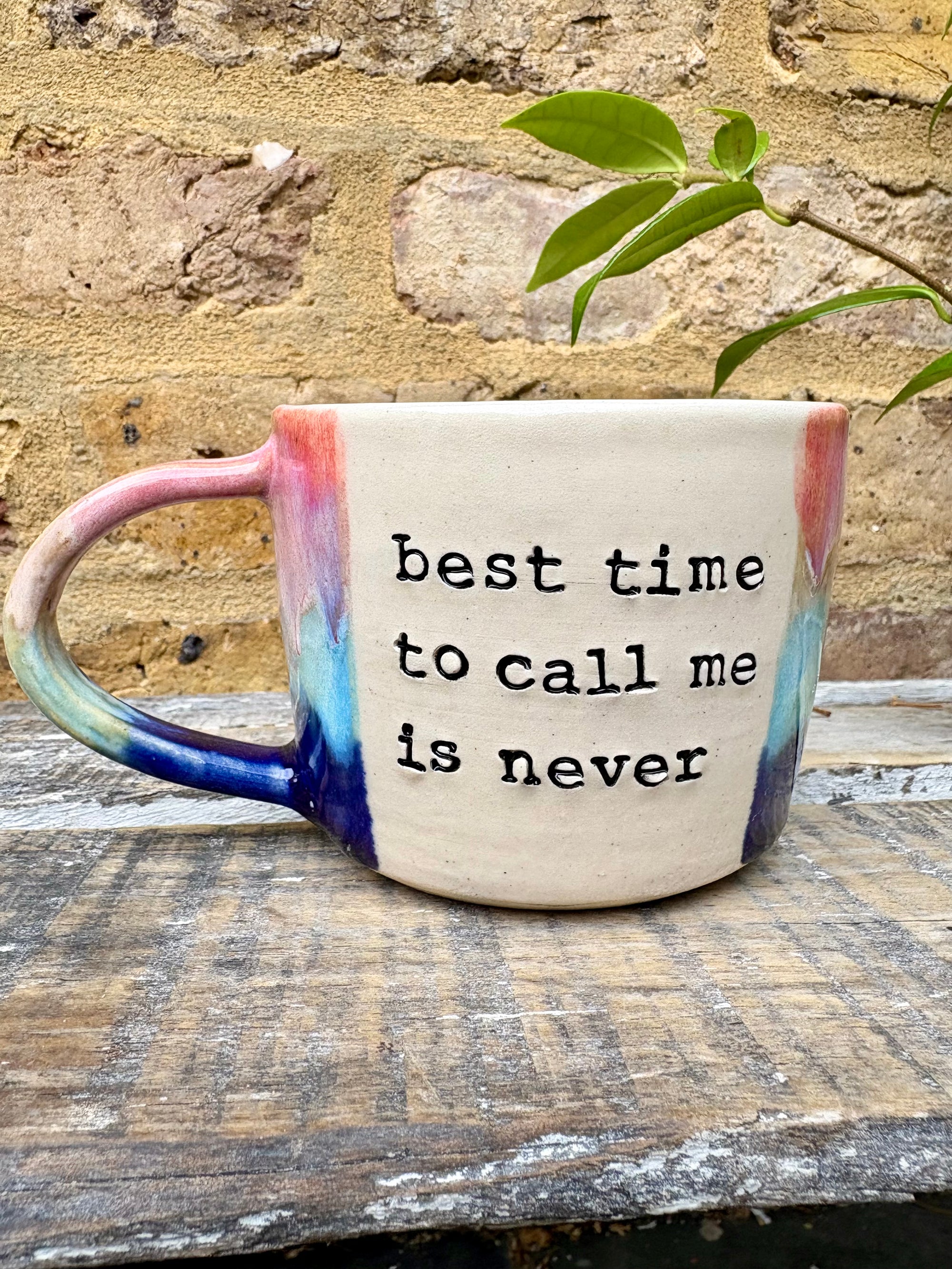 "best time to call is never" mug (Pink Night Sky)