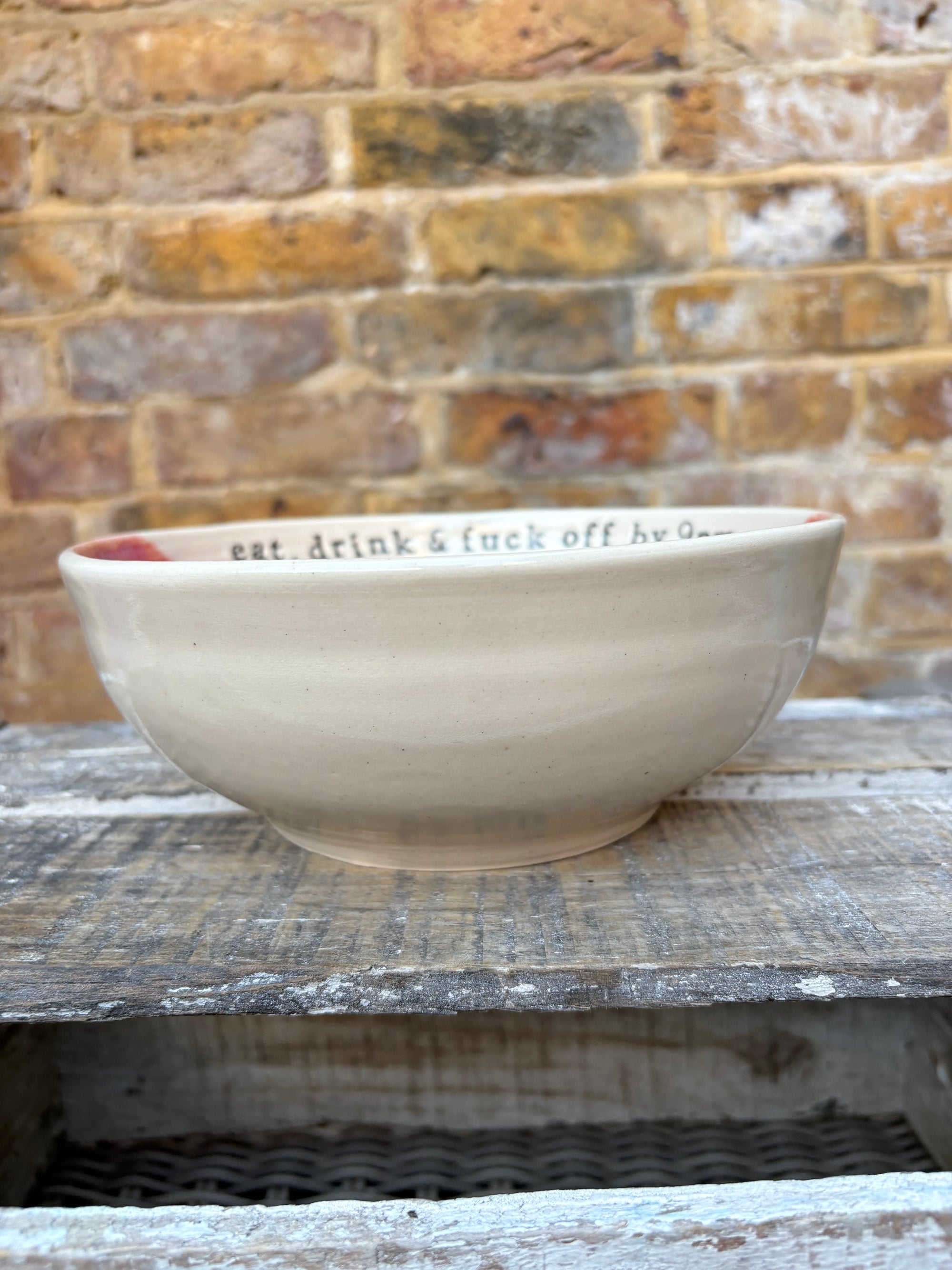 “eat, drink and fuck off by 9pm"  deep round salad/pasta bowl (lilac/pink, cream clay)