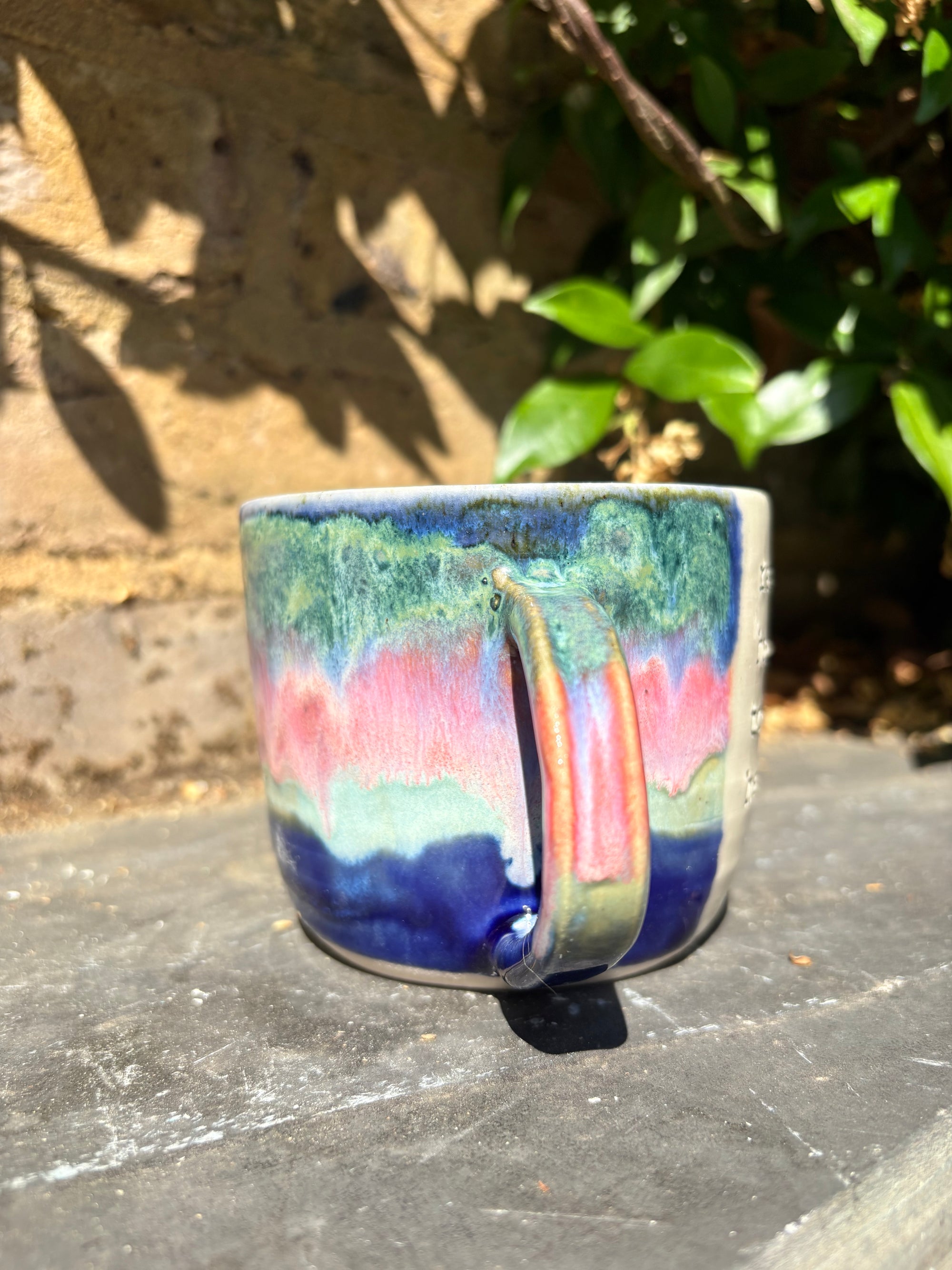 "really happy to be here” "what a bunch of cunts" mug (pink night sky, 375ml)
