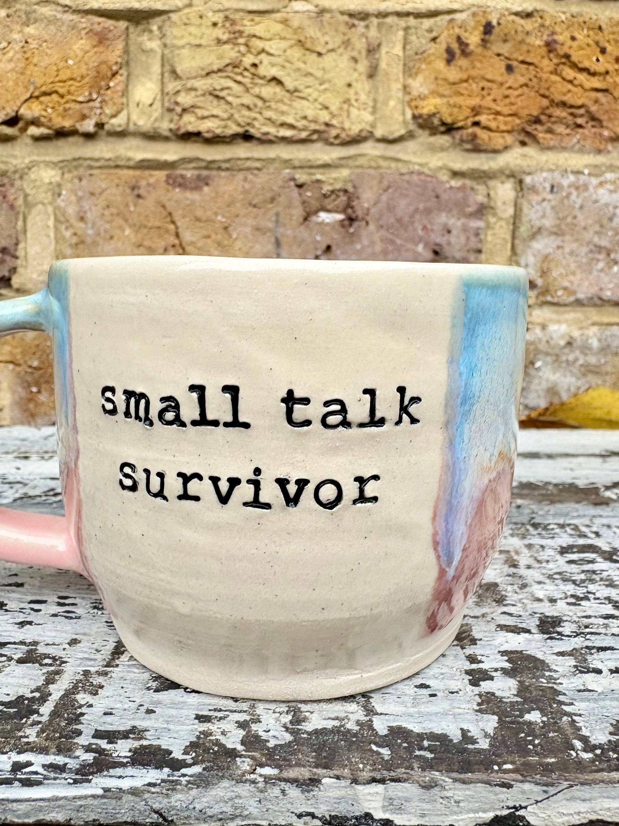 Small Talk Survivor mug (pinks and blue)