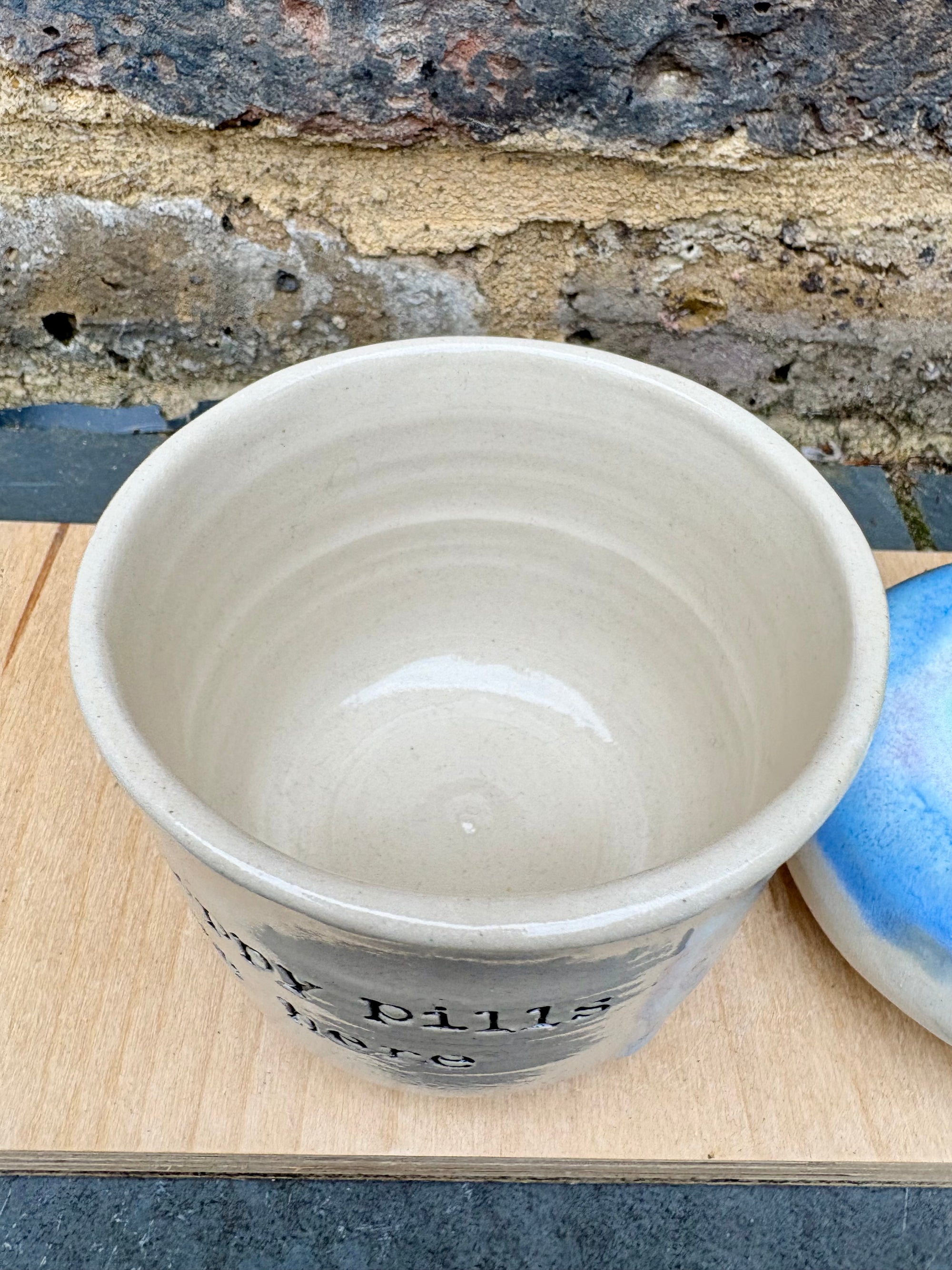 "my happy pills live here" lidded pot (oyster blue)