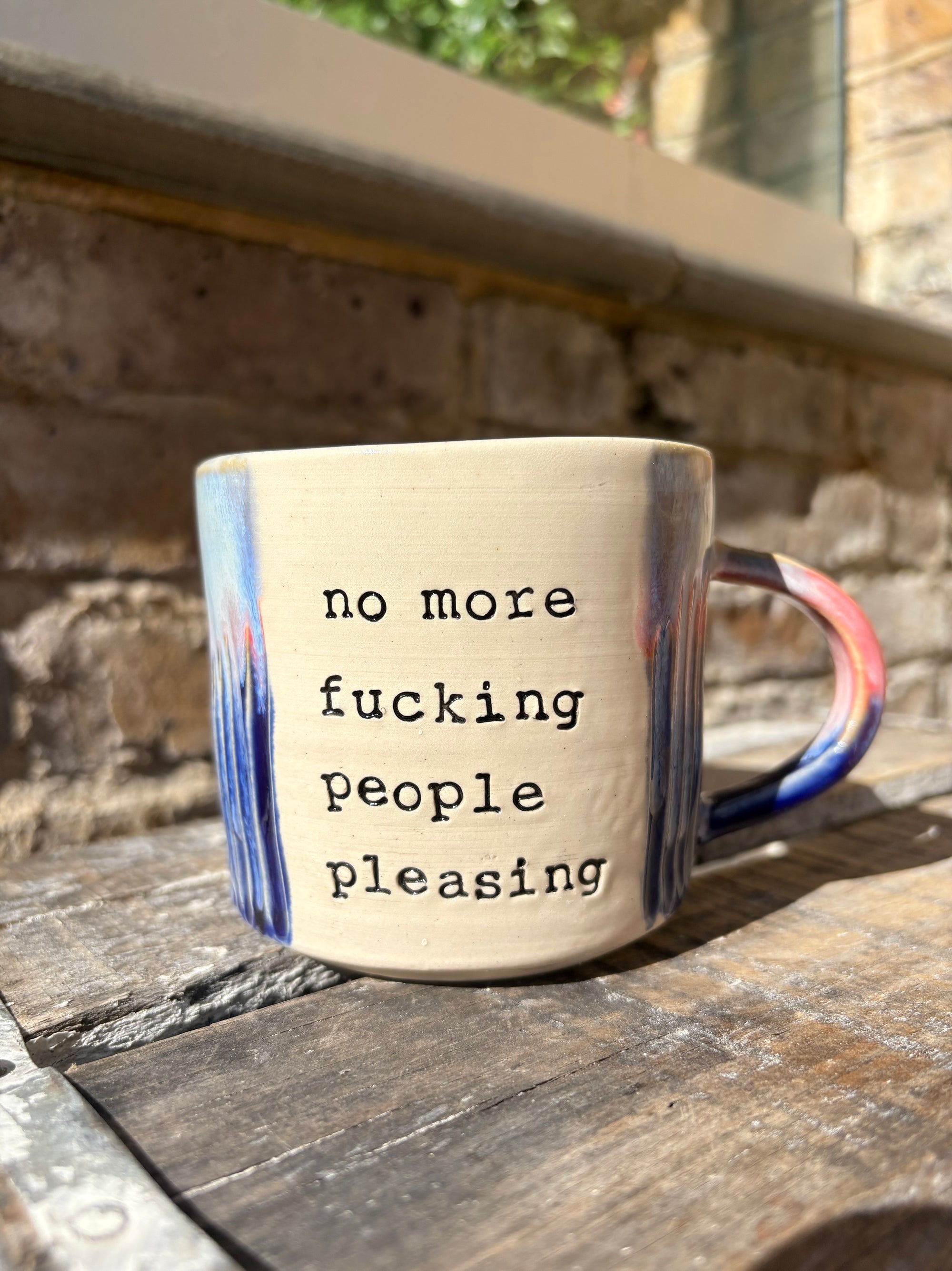 “No more fucking people pleasing" "if that’s okay with you" mug (pink night sky)