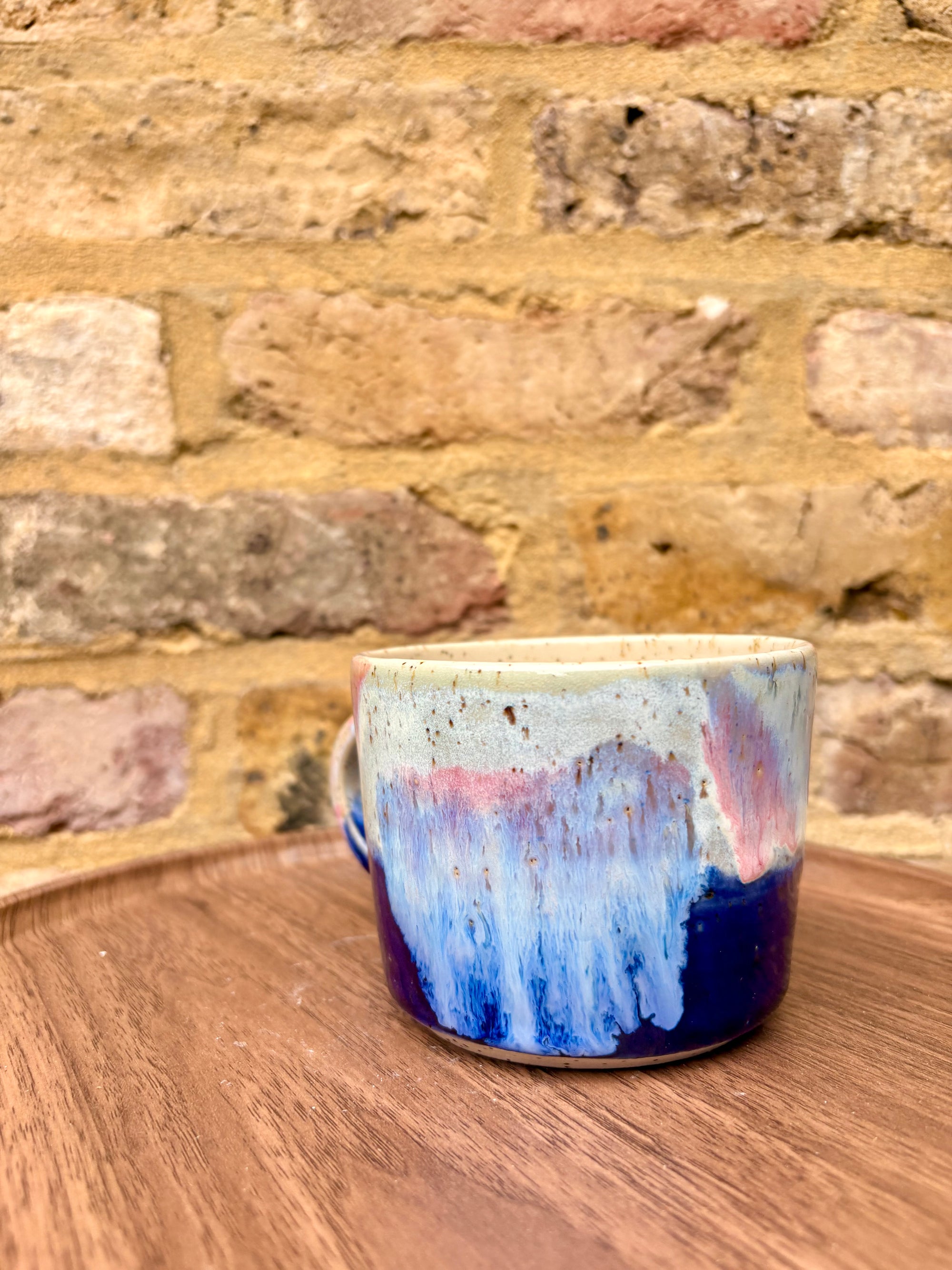 “woke up sexy as hell again” mug (flecked, pink night sky)