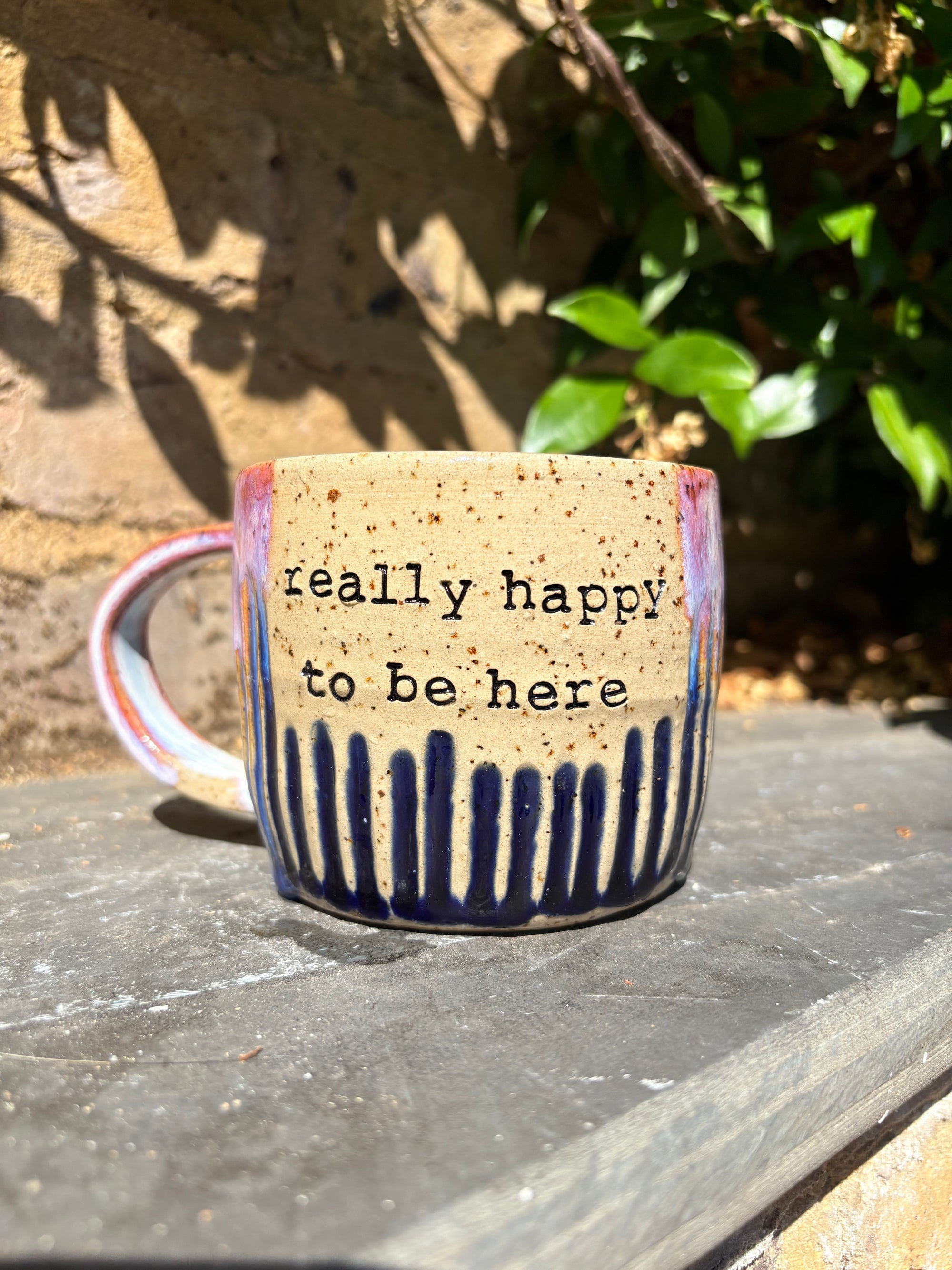 "really happy to be here” "what a bunch of cunts" mug (pink/ blue grooves, 340ml)