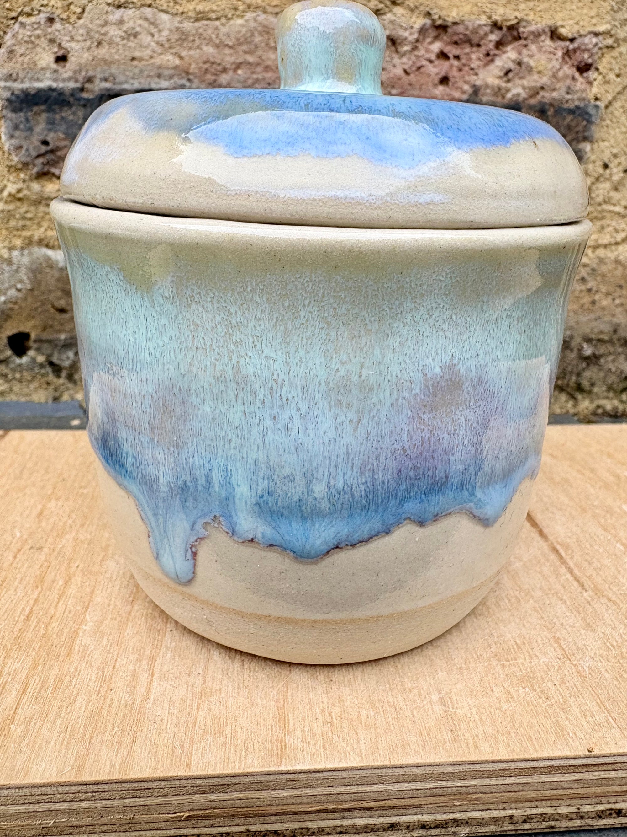 "my happy pills live here" lidded pot (oyster blue)