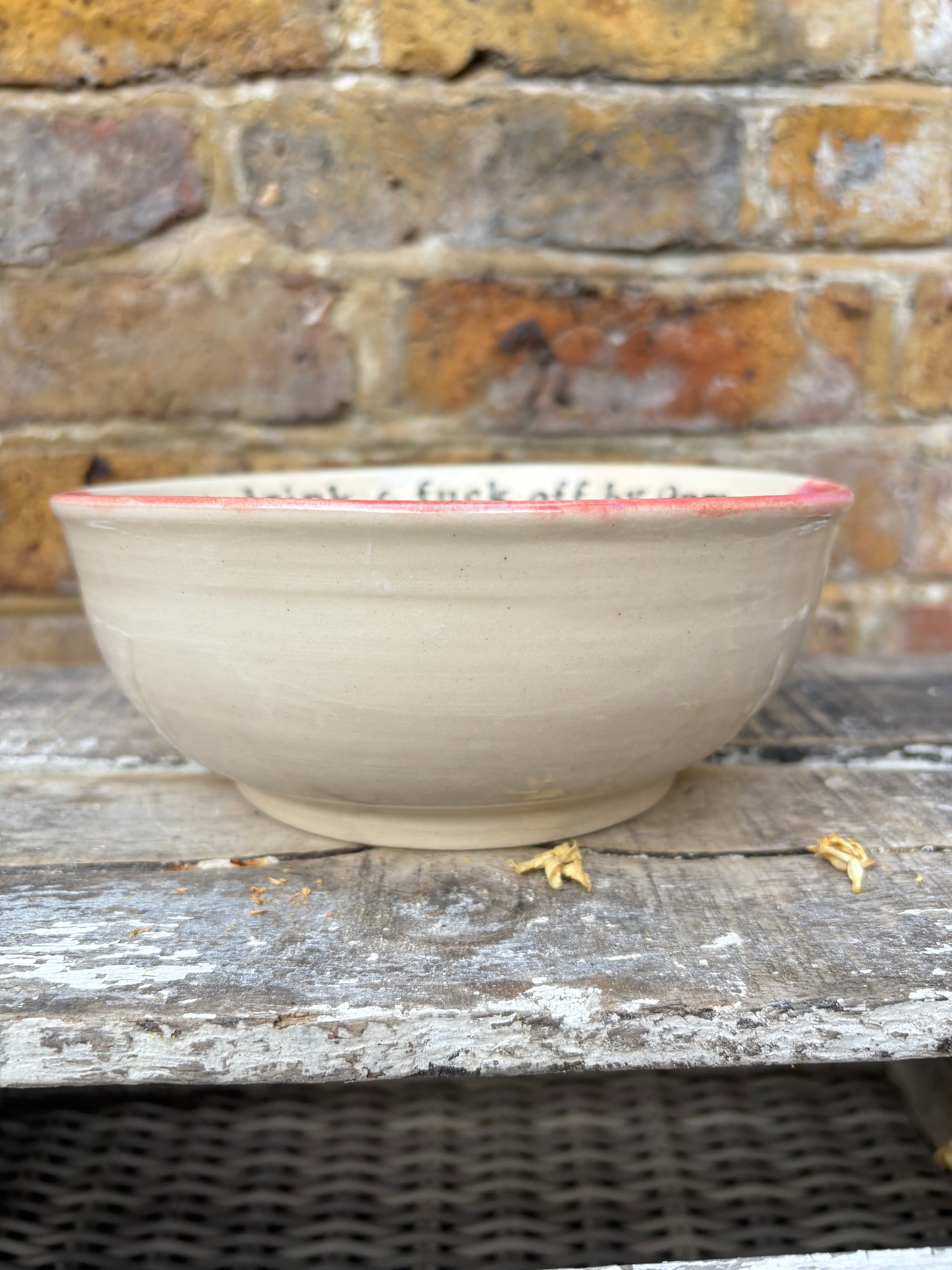 “eat, drink and fuck off by 9pm"  deep round salad/pasta bowl (pink/white, cream clay)