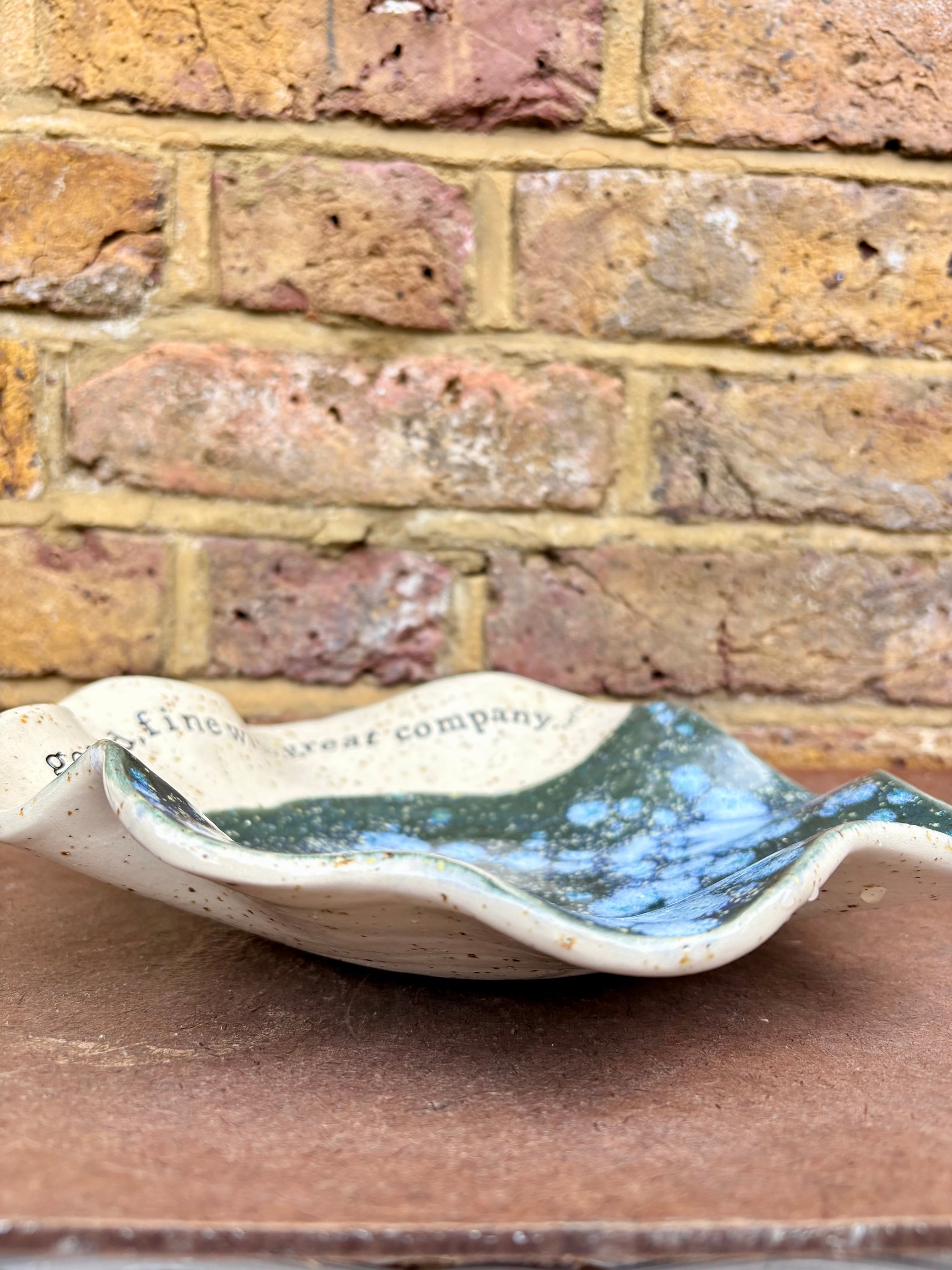 "good food, fine wine, great company..." salad/serving dish (teal green diffusion)