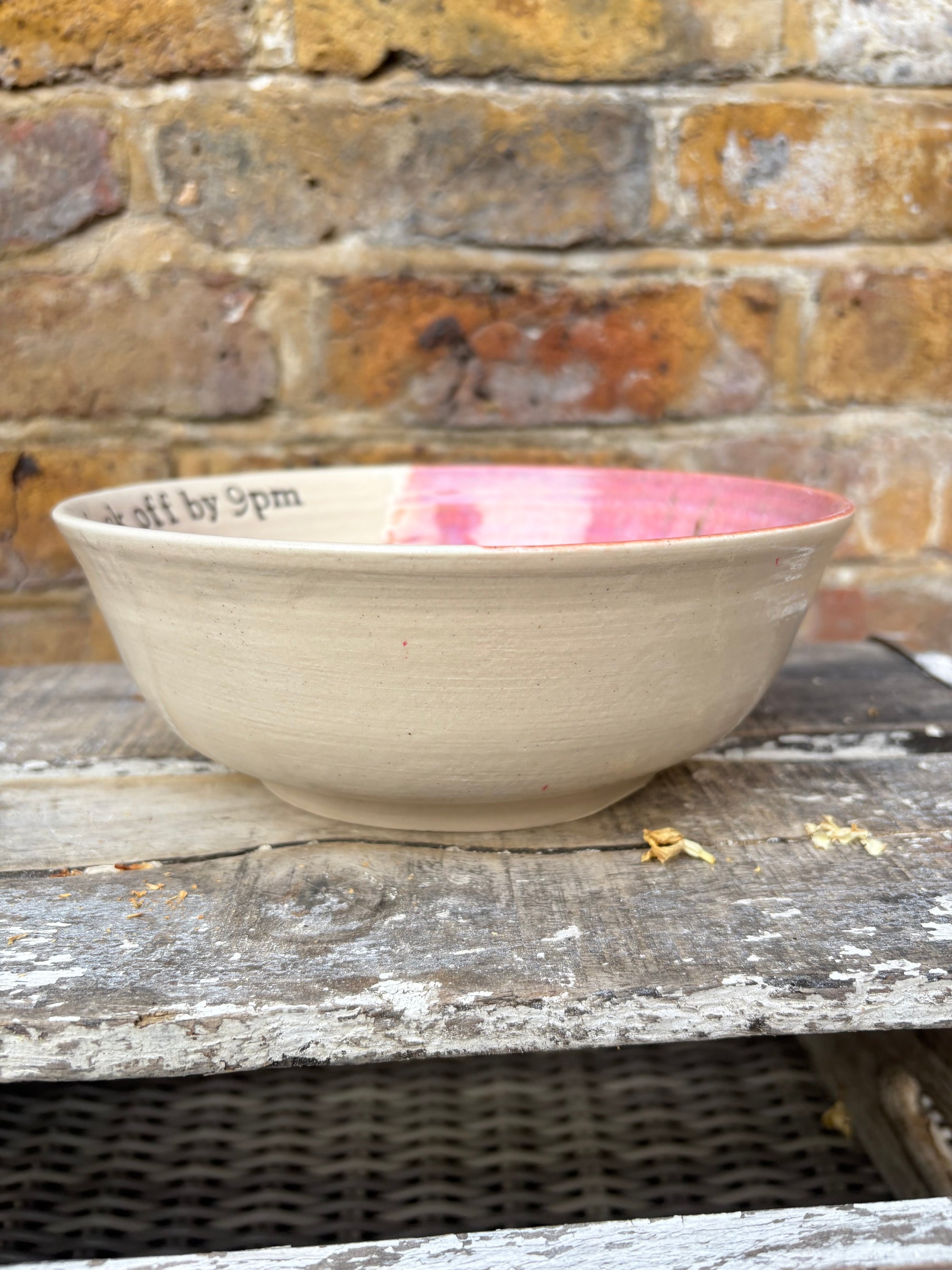“eat, drink and fuck off by 9pm"  deep round salad/pasta bowl (pink/white, cream clay)