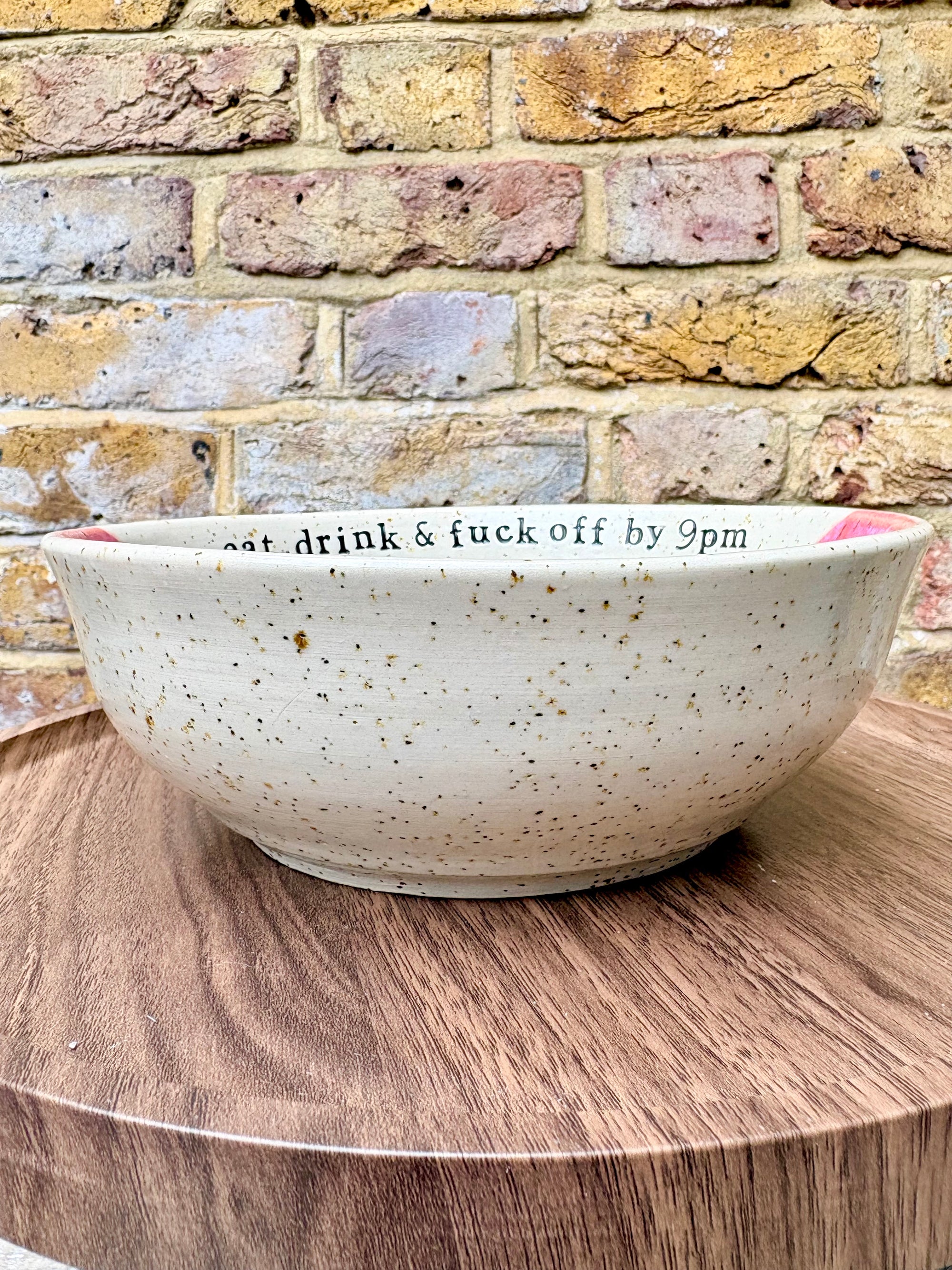 “eat, drink and fuck off by 9pm" round salad/pasta bowl (pastels, flecked clay)