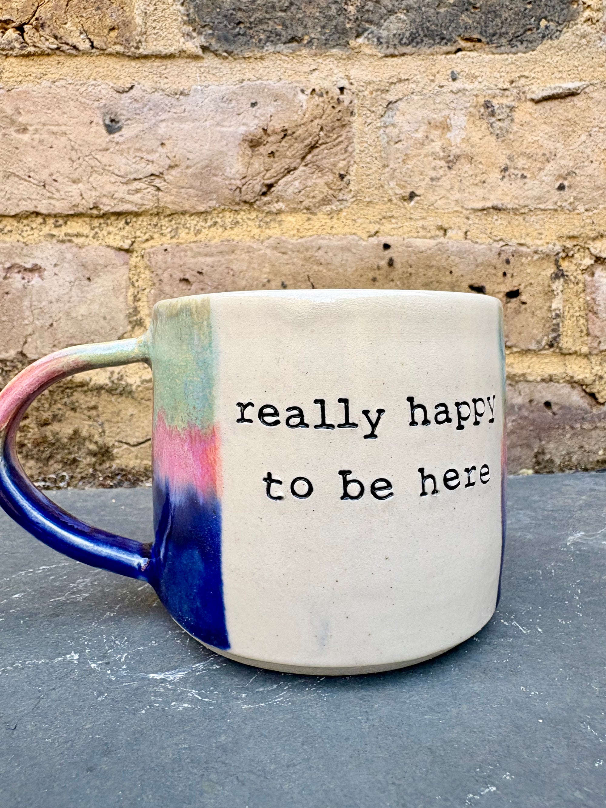 "really happy to be here” "what a bunch of cunts" mug (pink night sky)