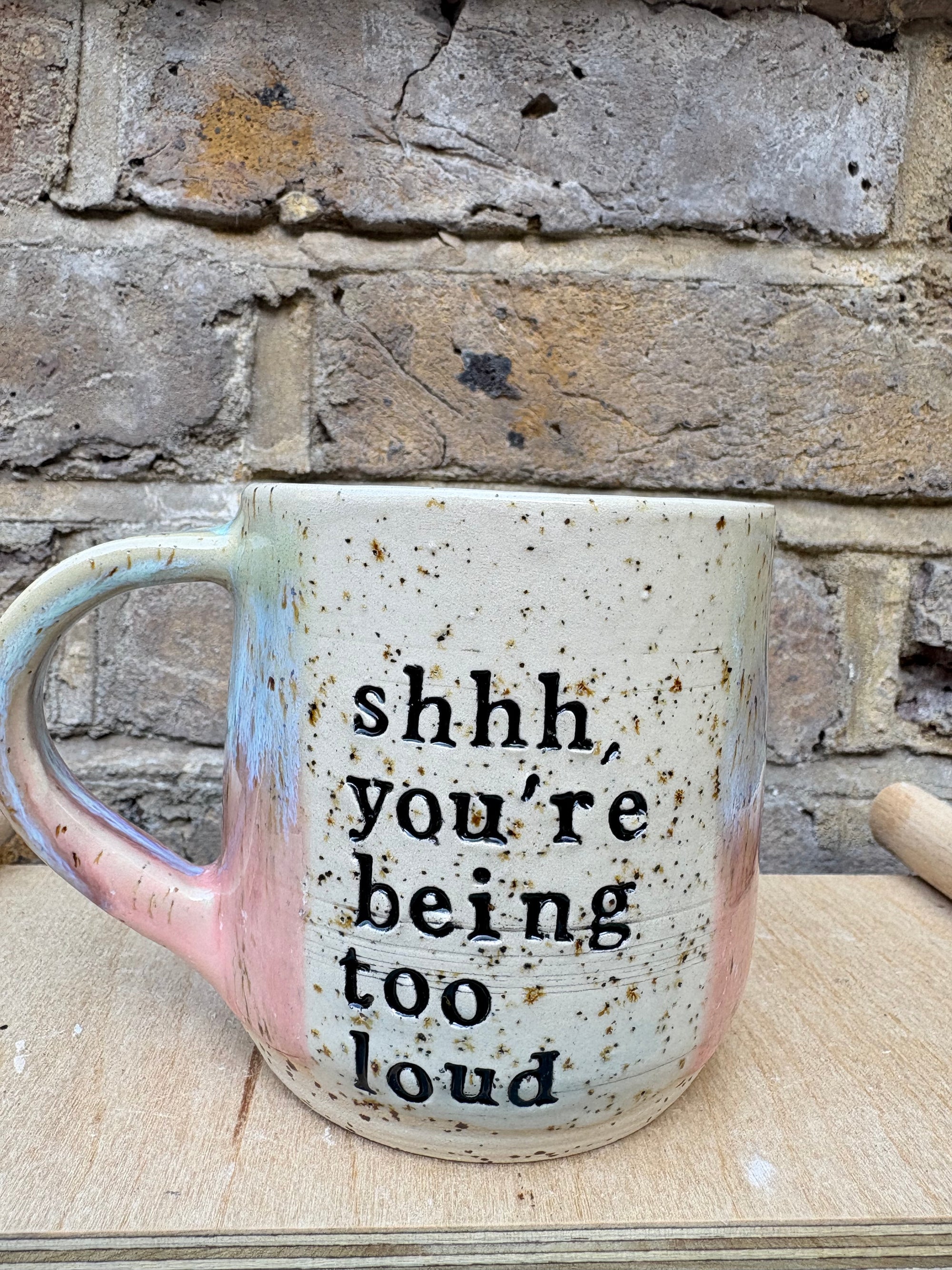 "shhh...you're being too loud" mug (pink/lilac)