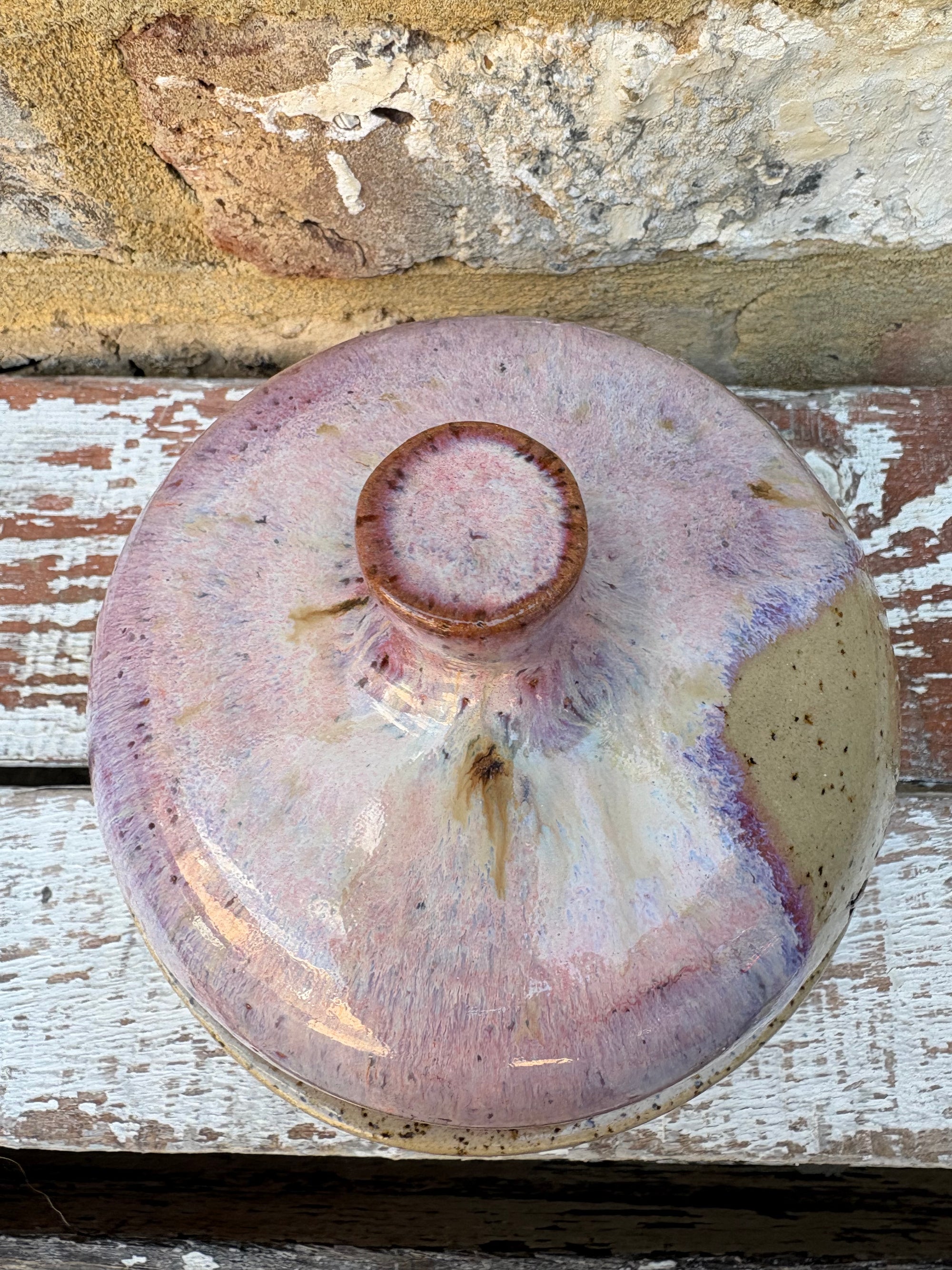 Butter Dish (butter slut, pink wood, flecked clay, knob)
