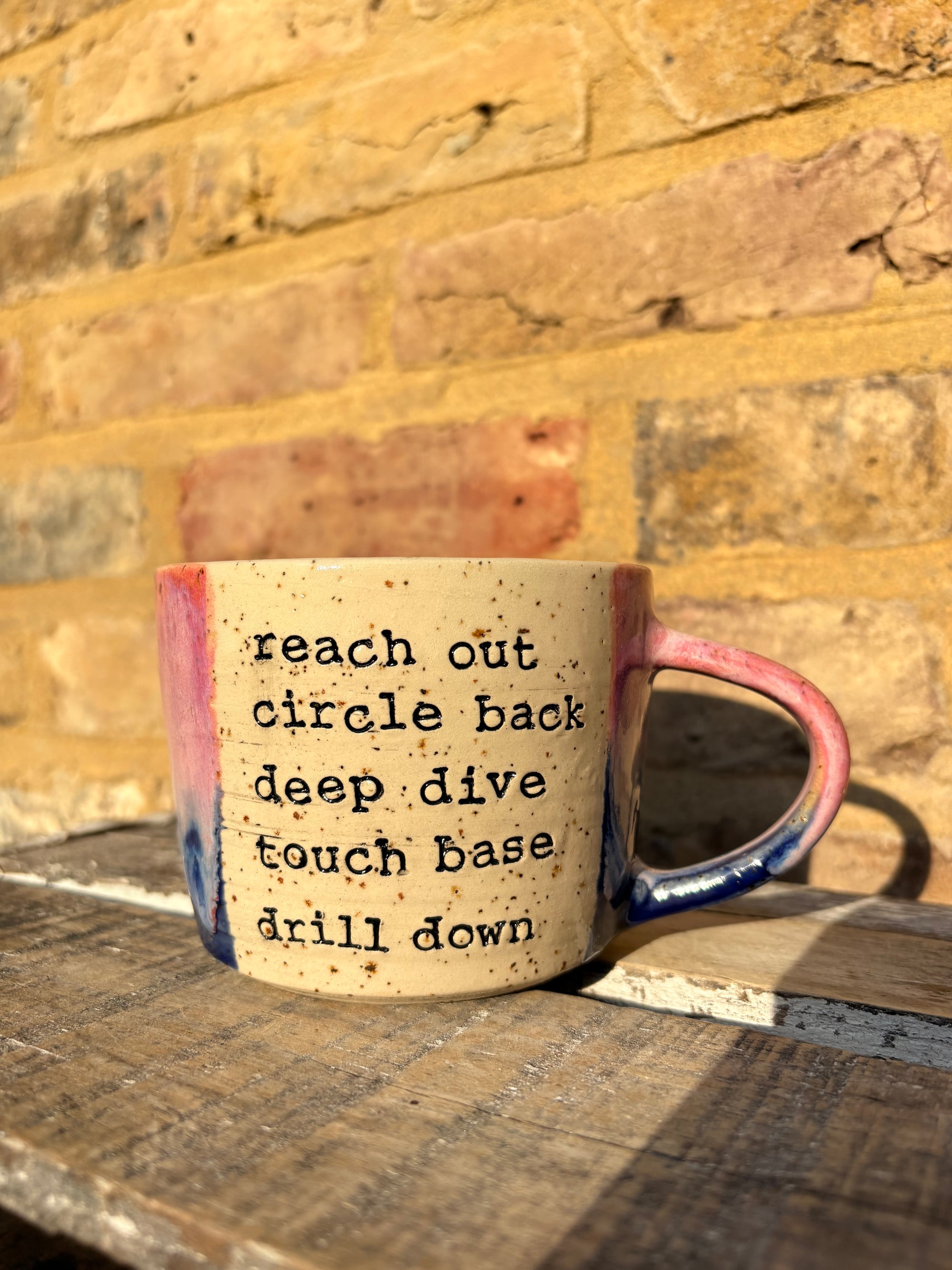 "reach out circle back deep dive touch base drill down” mug (pink night sky)