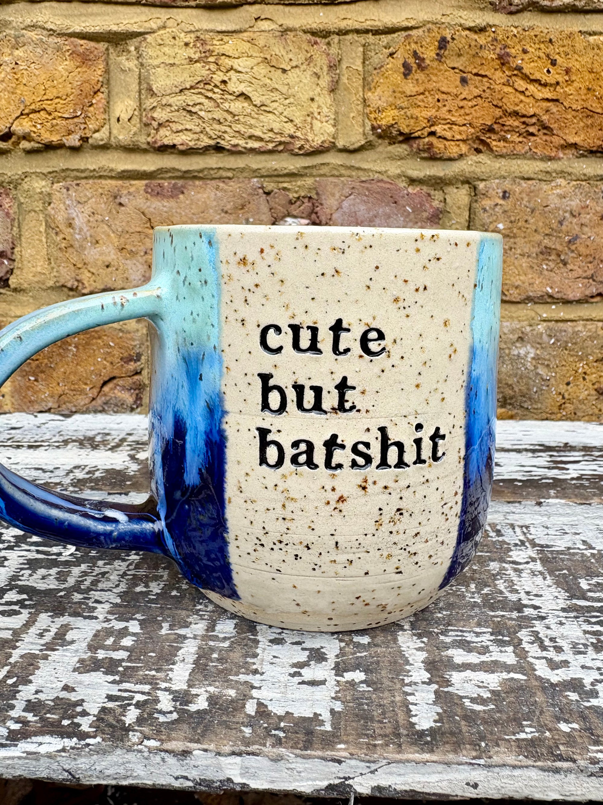 "cute but bat shit" mug