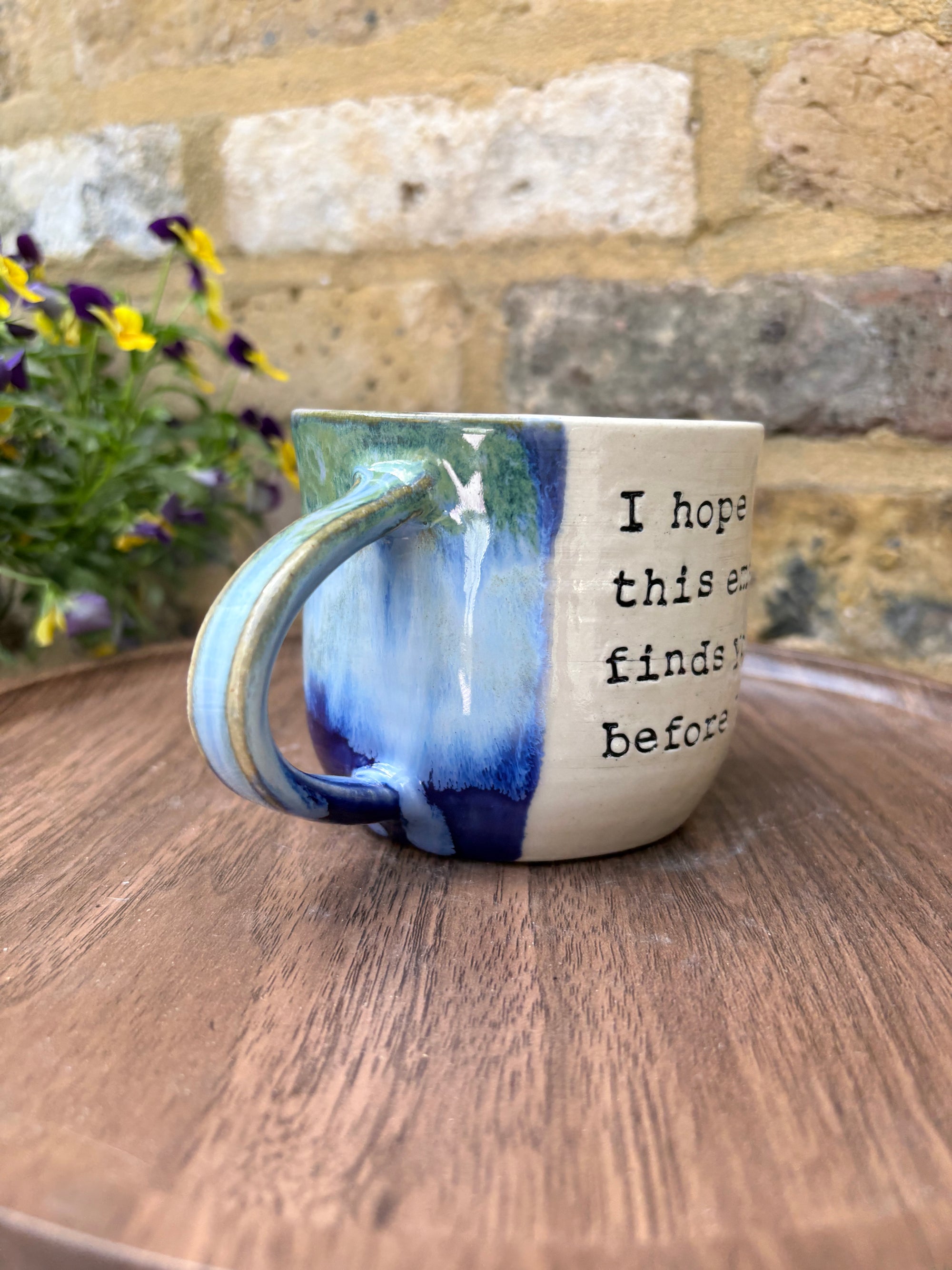 "I hope this email finds you before I do" mug (blue/ green)