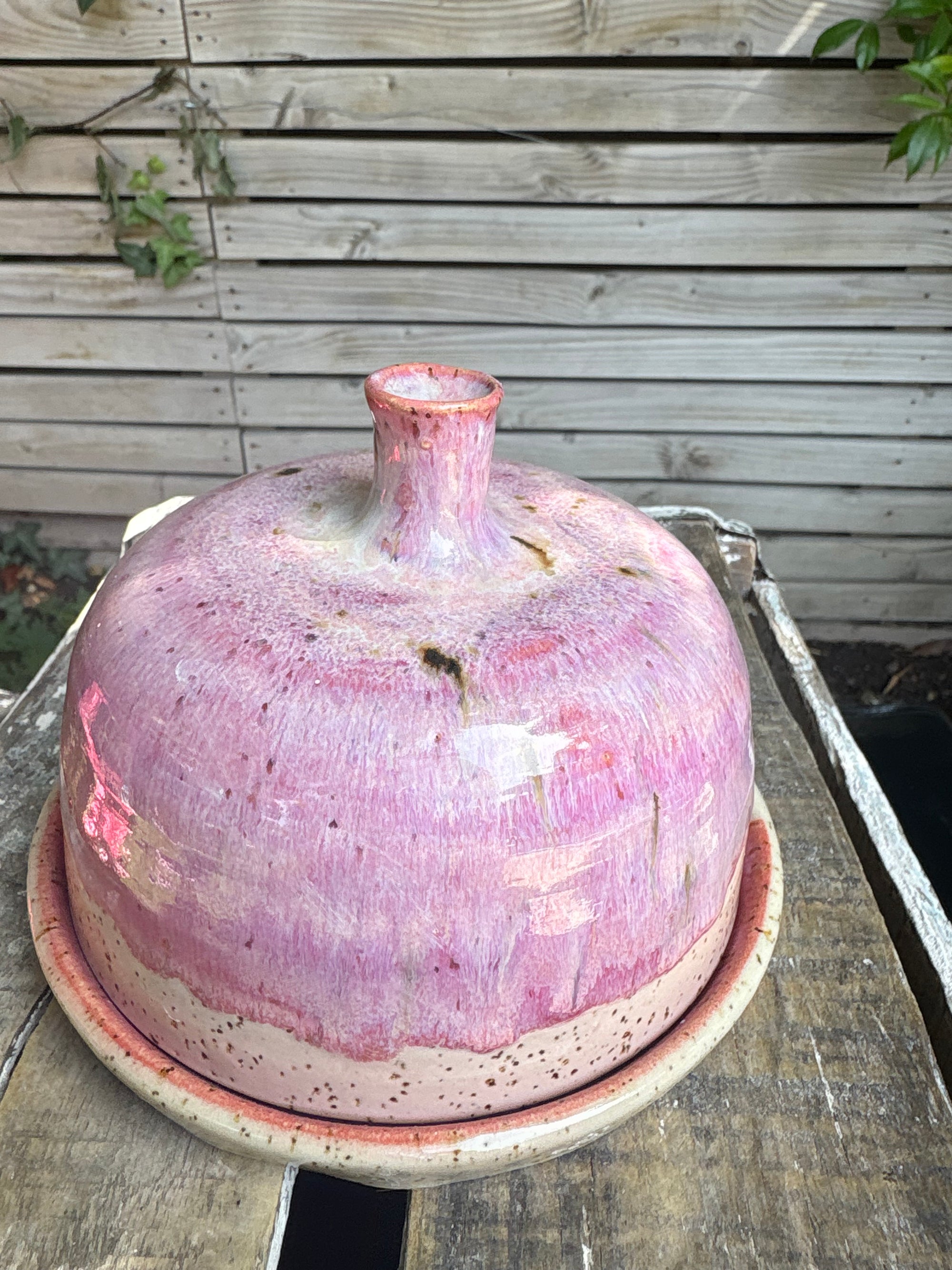Butter Dish (butter slut, pink wood, flecked clay, knob)
