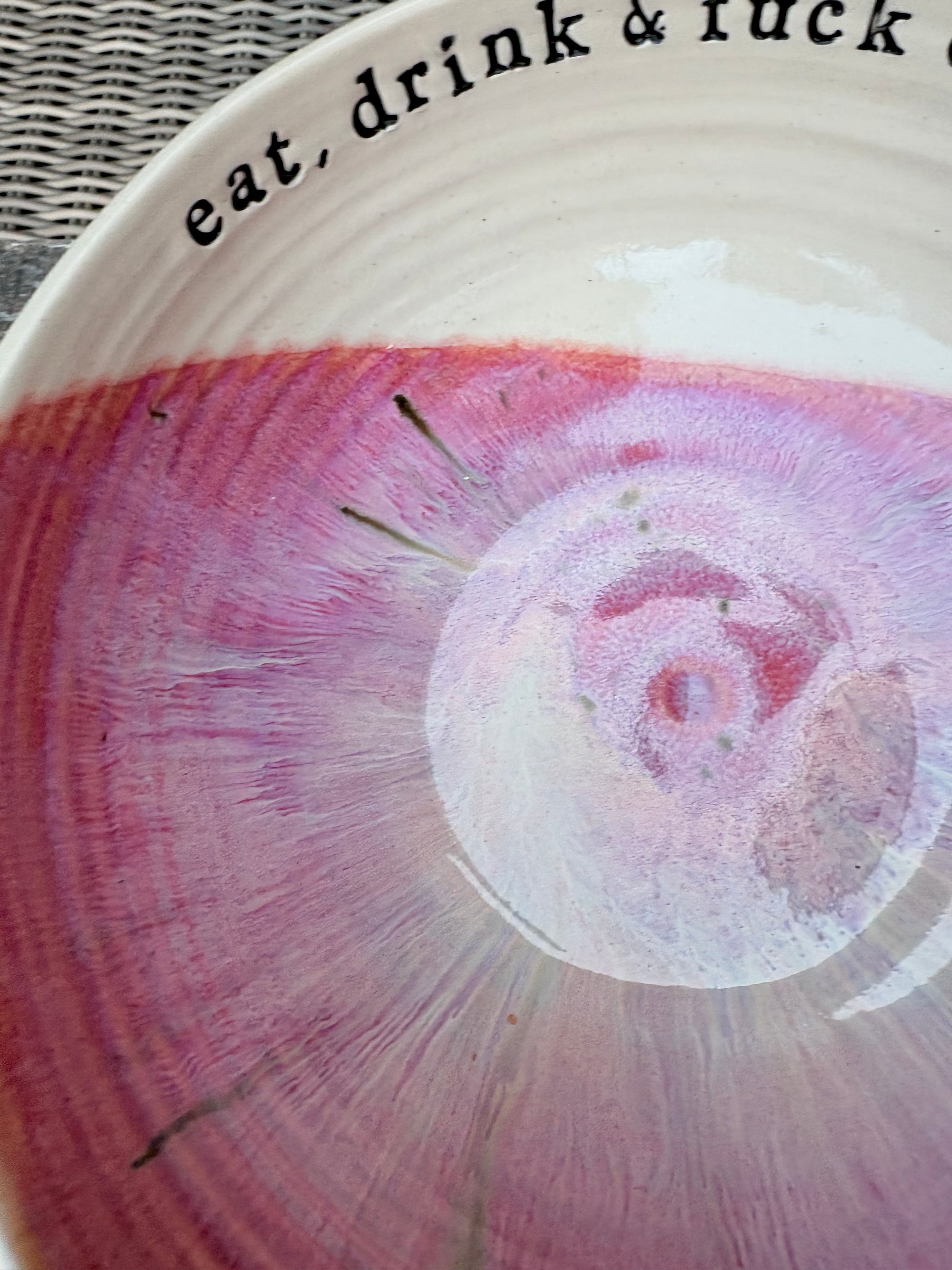 “eat, drink and fuck off by 9pm"  deep round salad/pasta bowl (lilac/pink, cream clay)