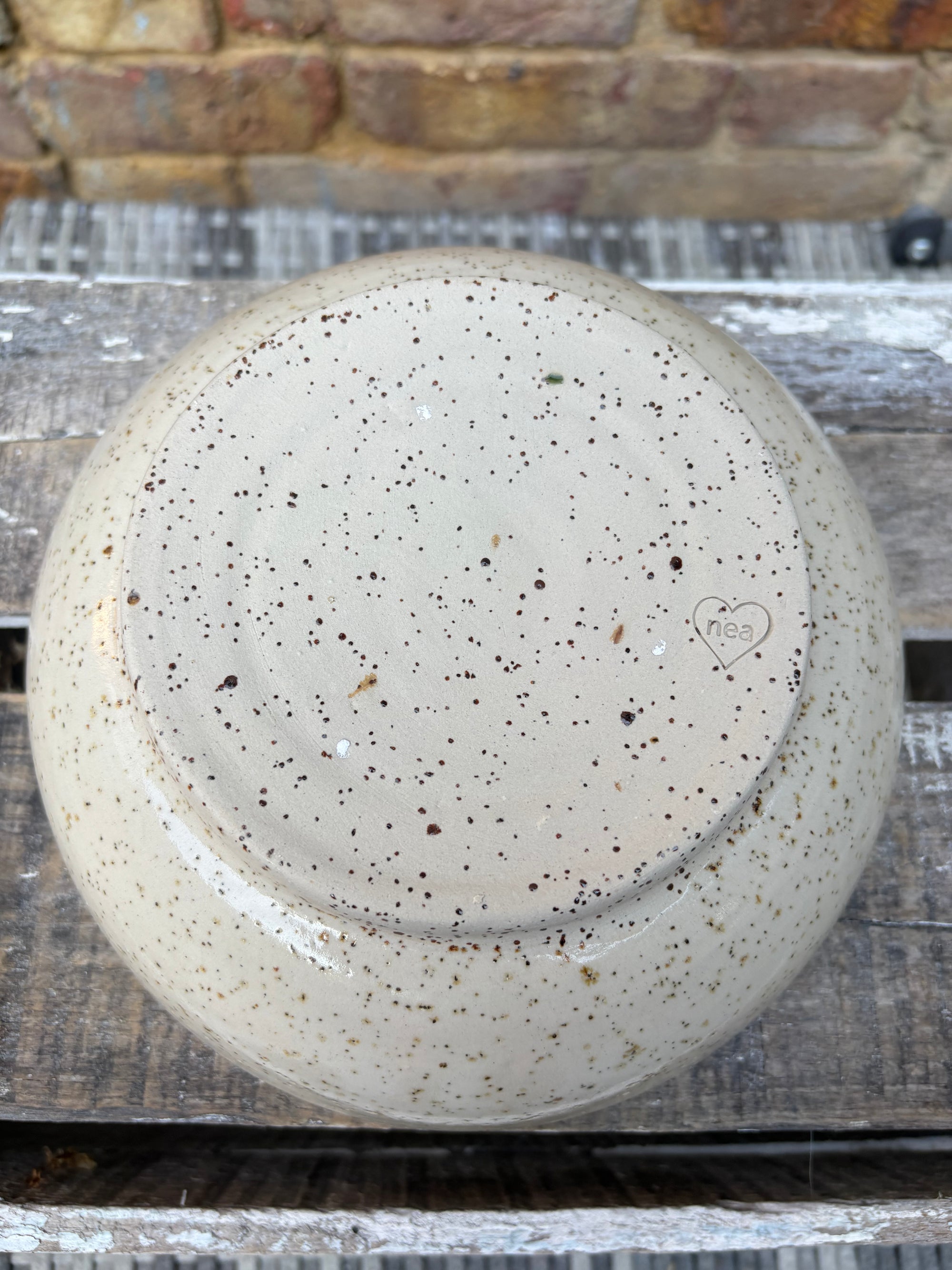 “eat, drink and fuck off by 9pm"  deep round salad/pasta bowl (green, flecked clay)