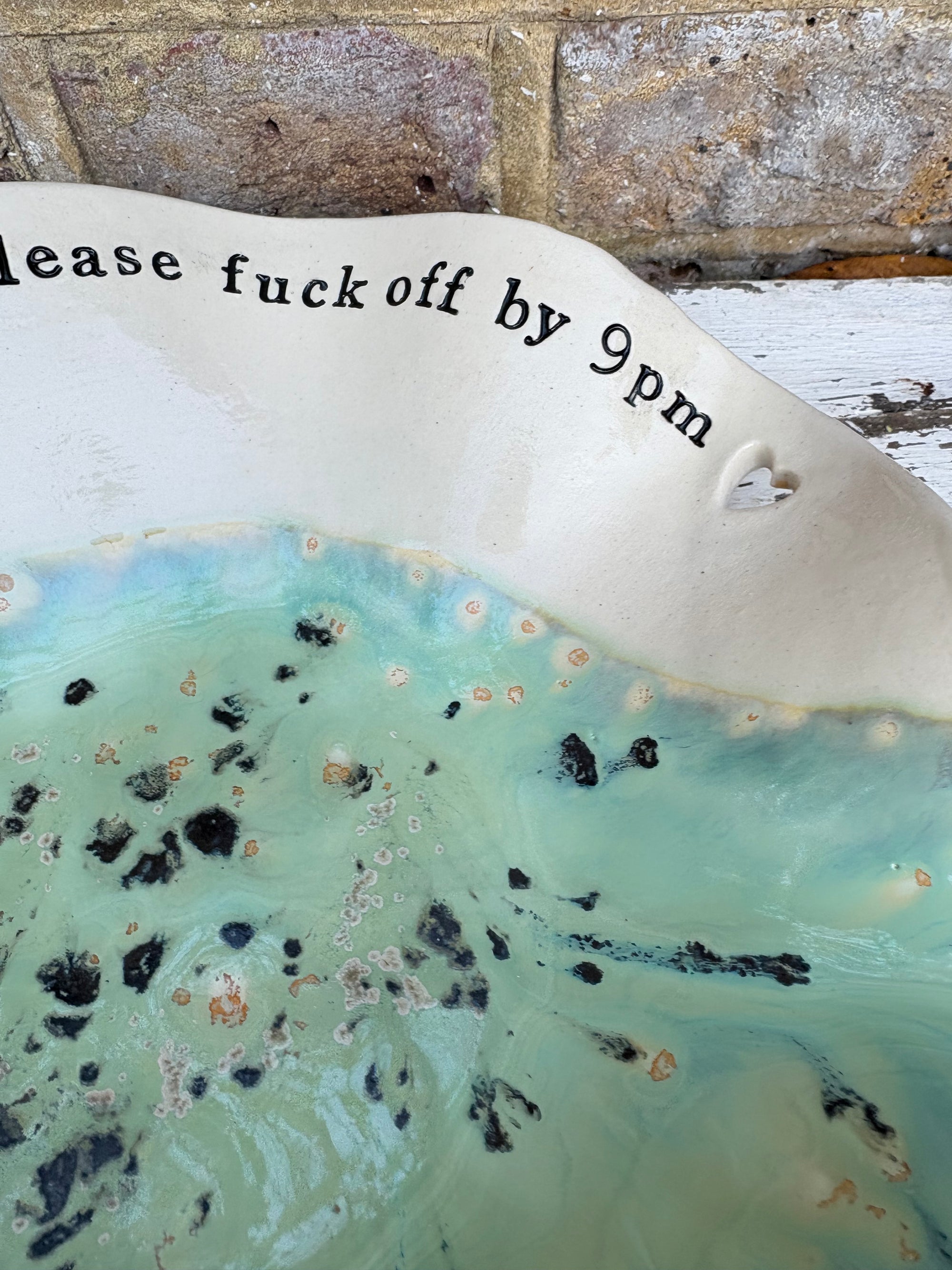 "good food, fine wine, great company..." salad/serving dish (creamy mint green)