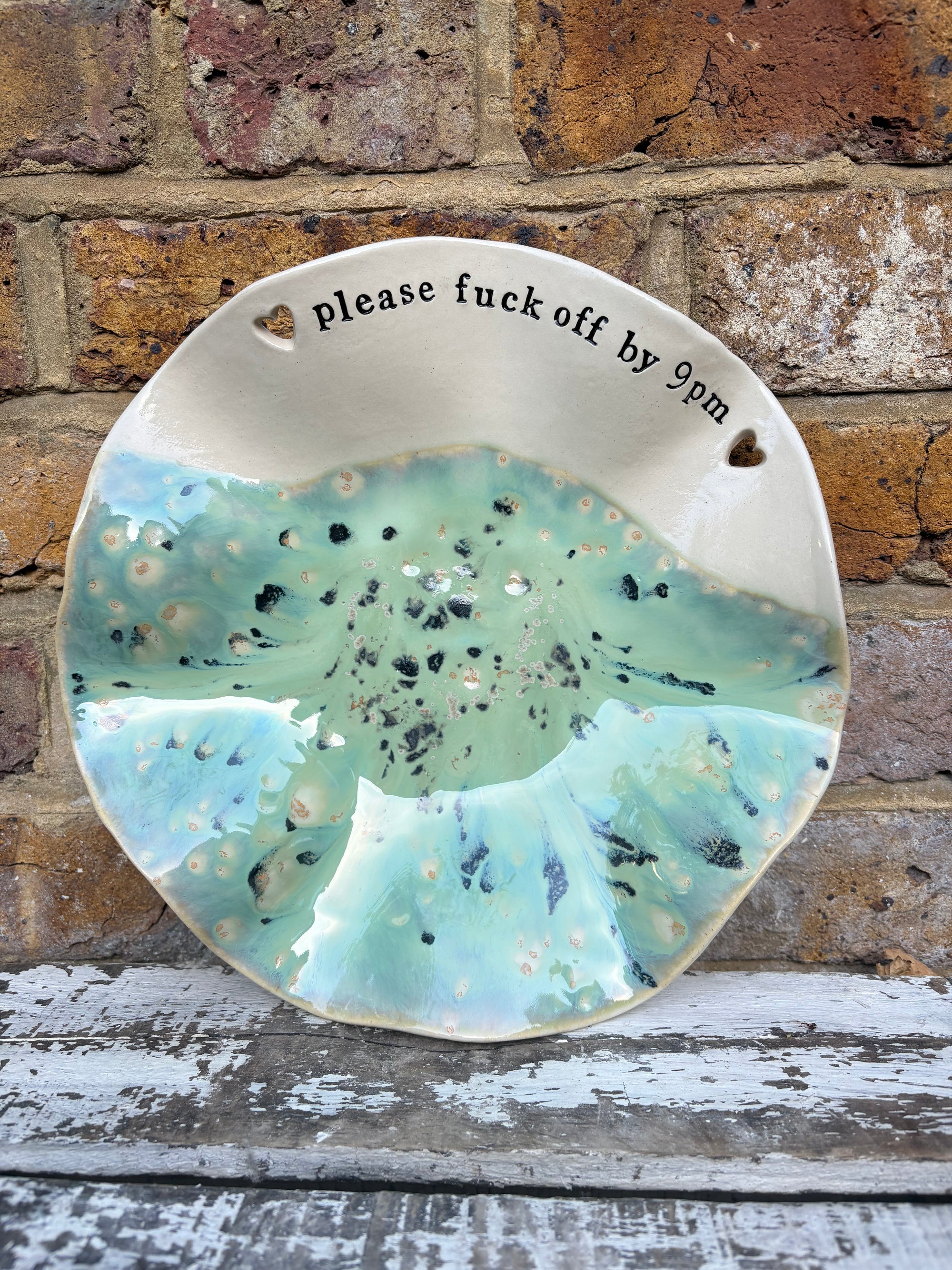 "good food, fine wine, great company..." salad/serving dish (creamy mint green)