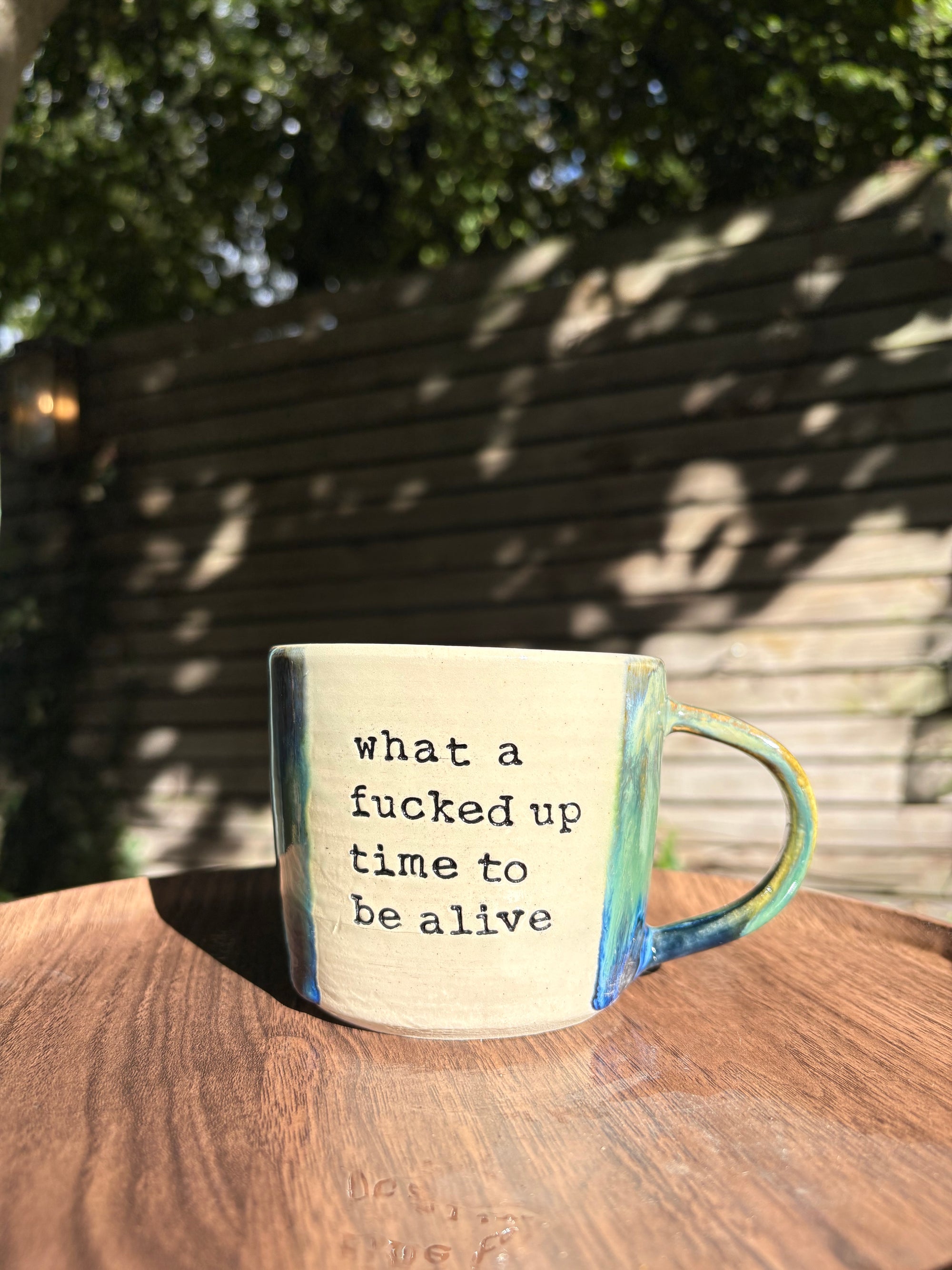 "what a fucked up time to be alive" mug (green/blue)