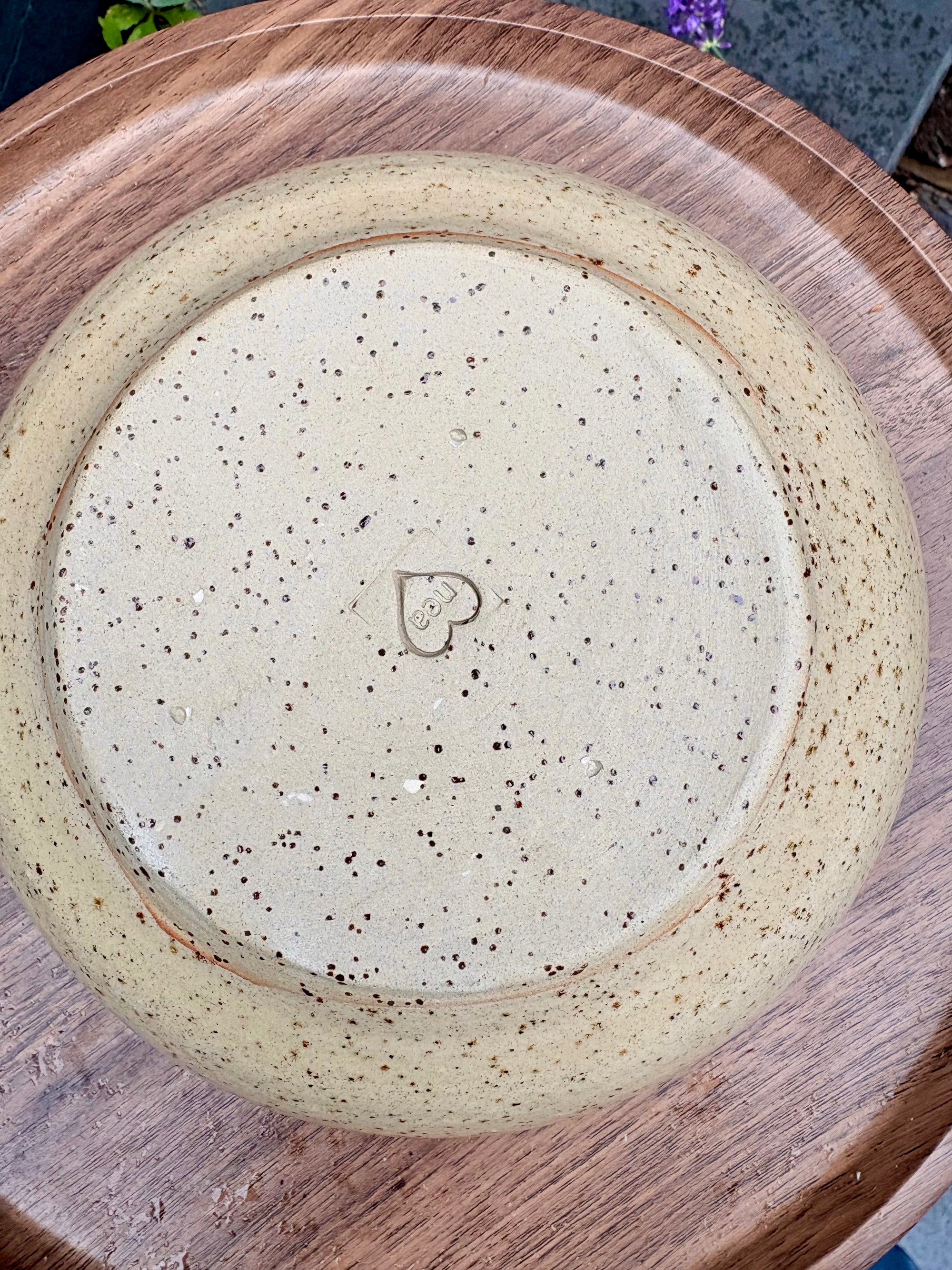 “eat, drink and fuck off by 9pm"  deep round salad/pasta bowl (pink, dark flecked clay)
