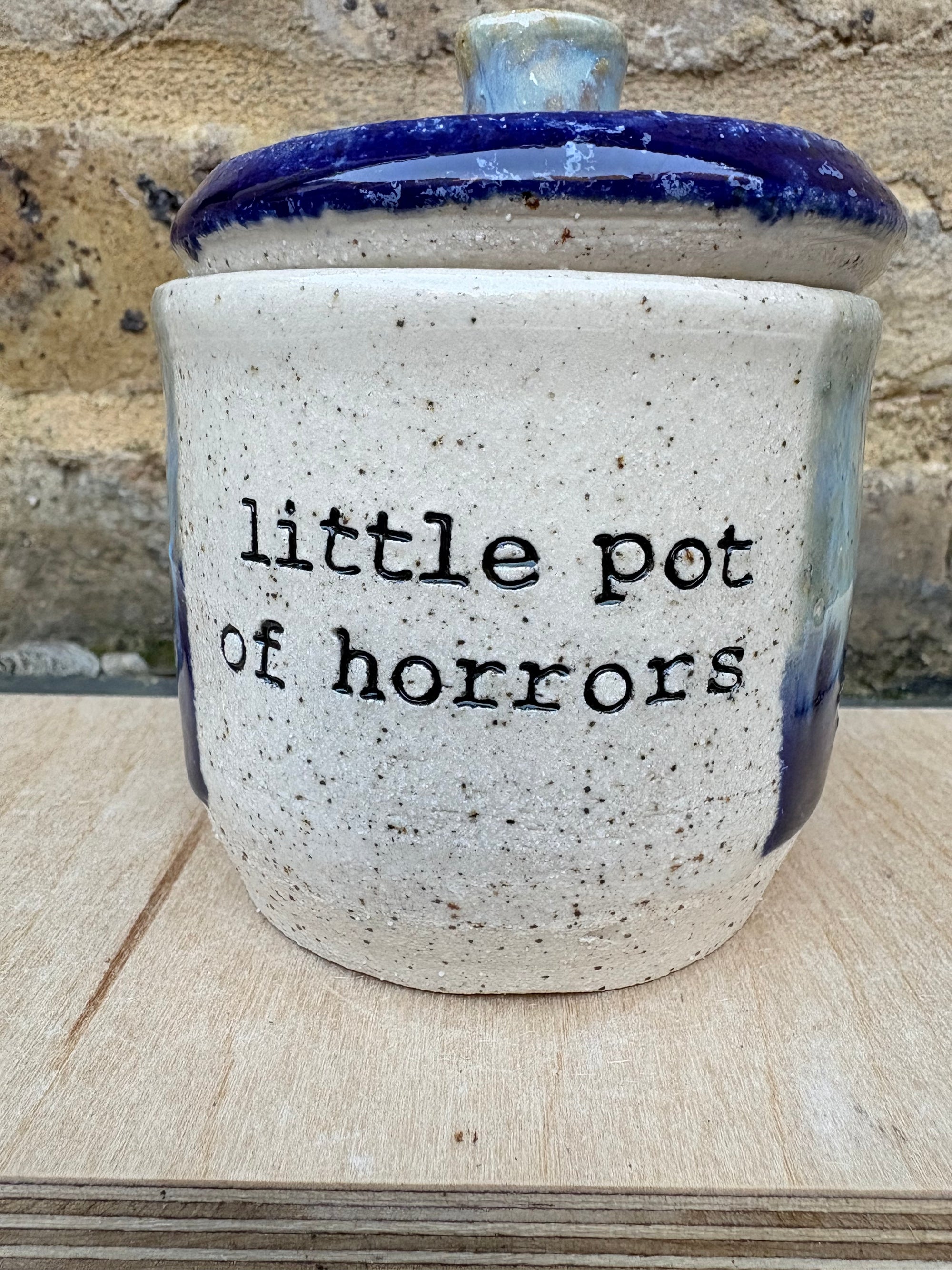 “little pot of horrors" lidded pot (blue night sky)