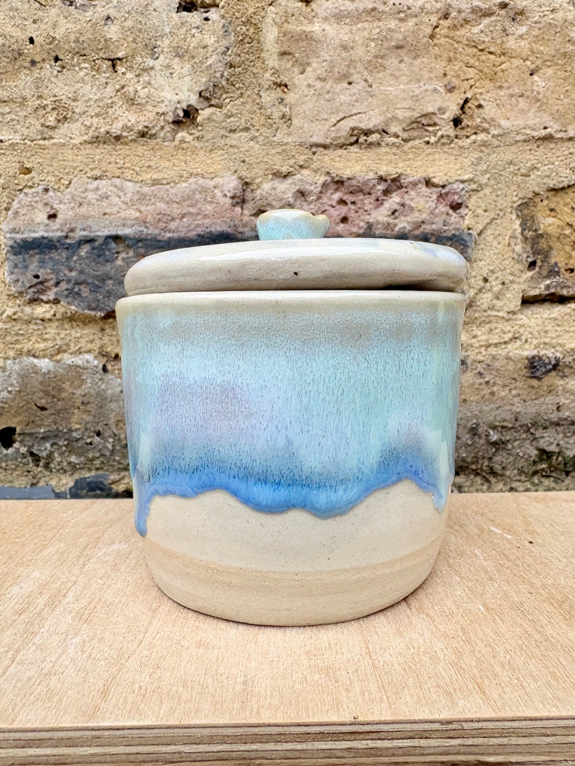"all the drugs live here" lidded pot (oyster blue)