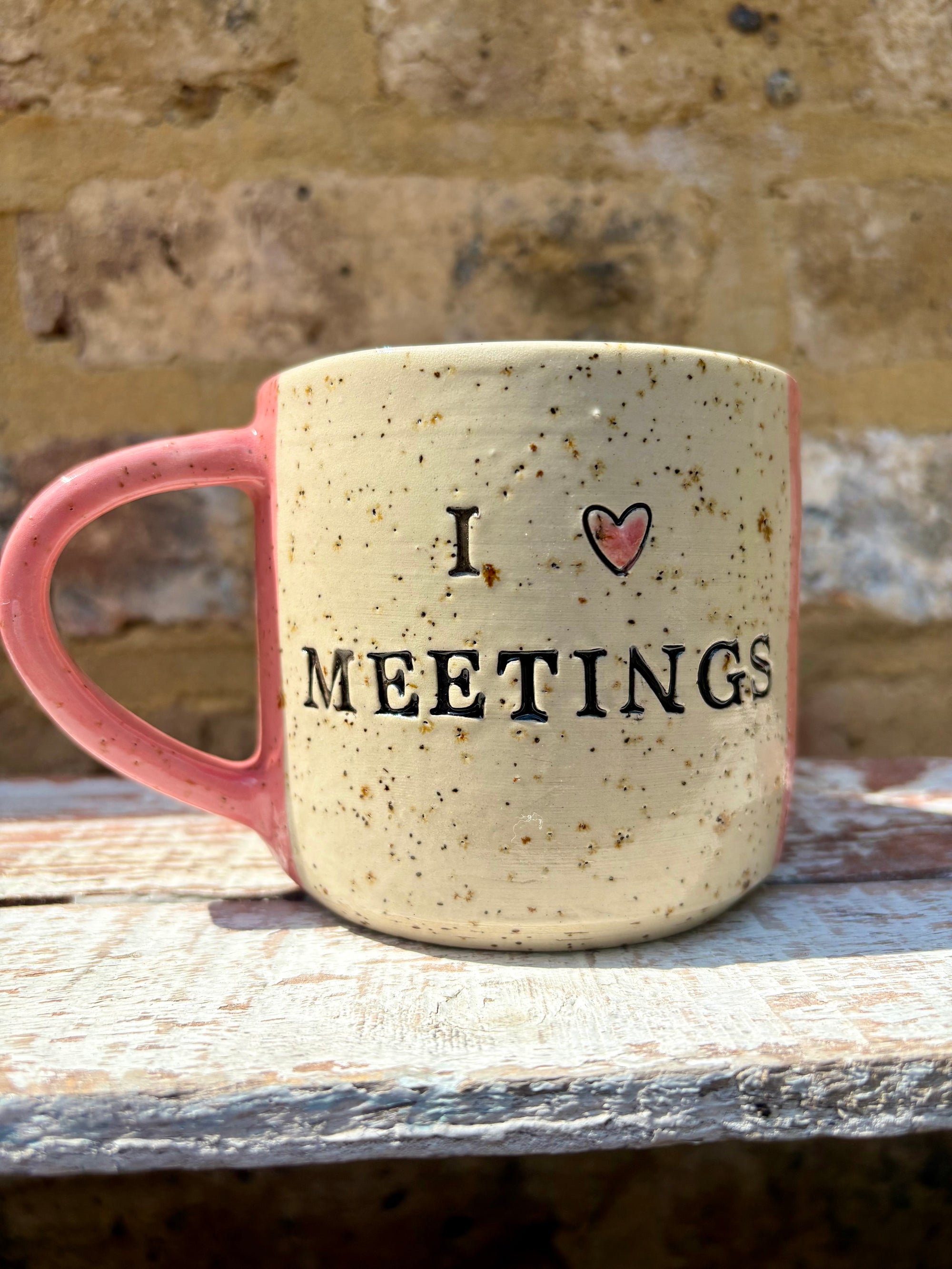 "I 🩷 MEETINGS” "everyone in this meeting is a cunt" mug (pink stripes)
