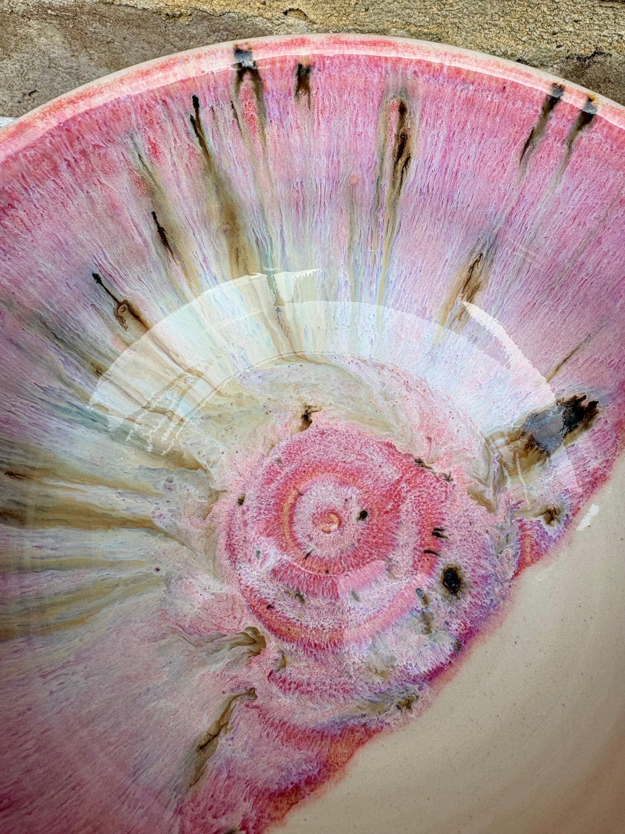 “eat, drink & fuck off by 9pm"  deep round salad/pasta bowl (pink, cream clay)
