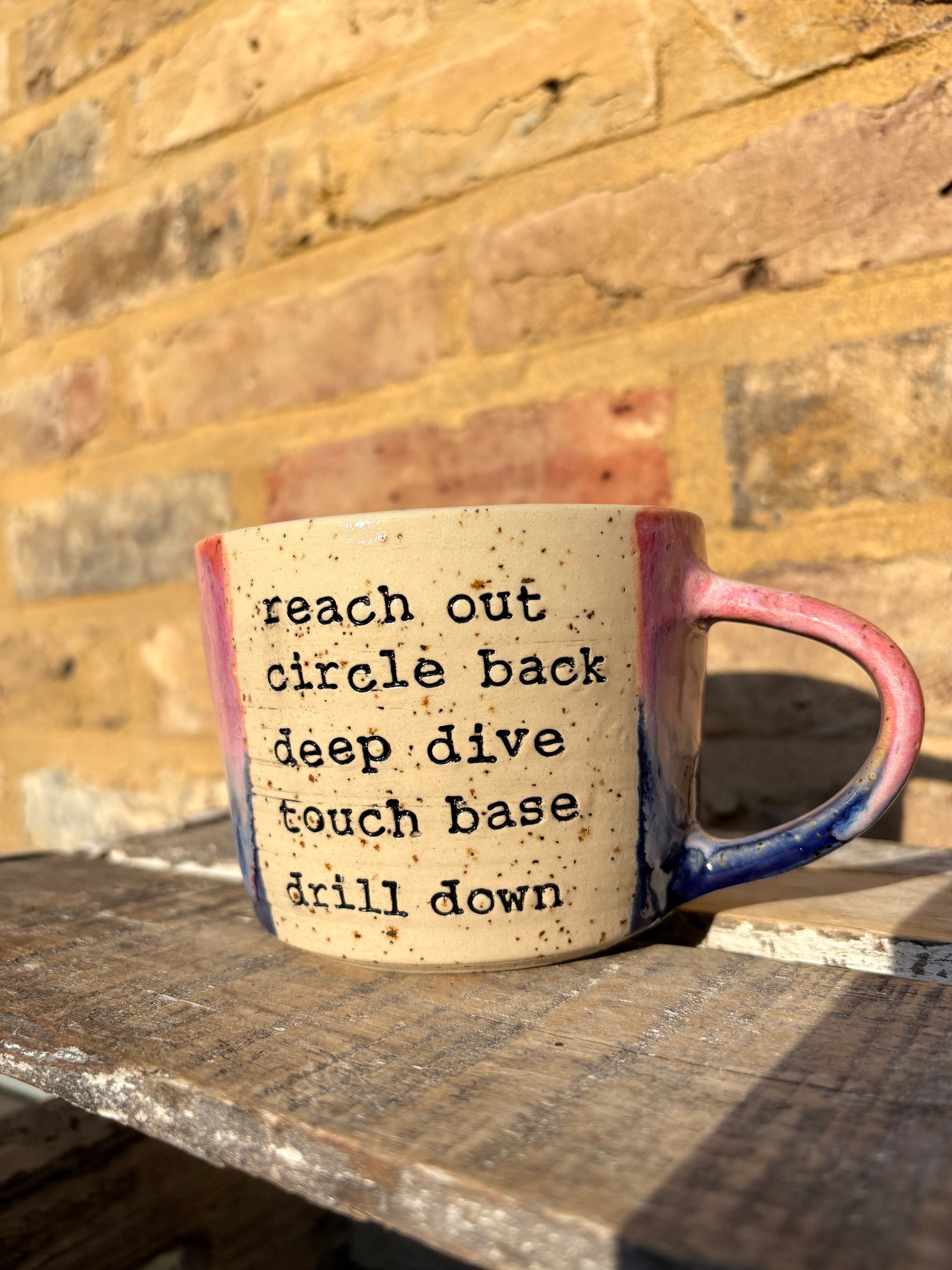 "reach out circle back deep dive touch base drill down” mug (pink night sky)