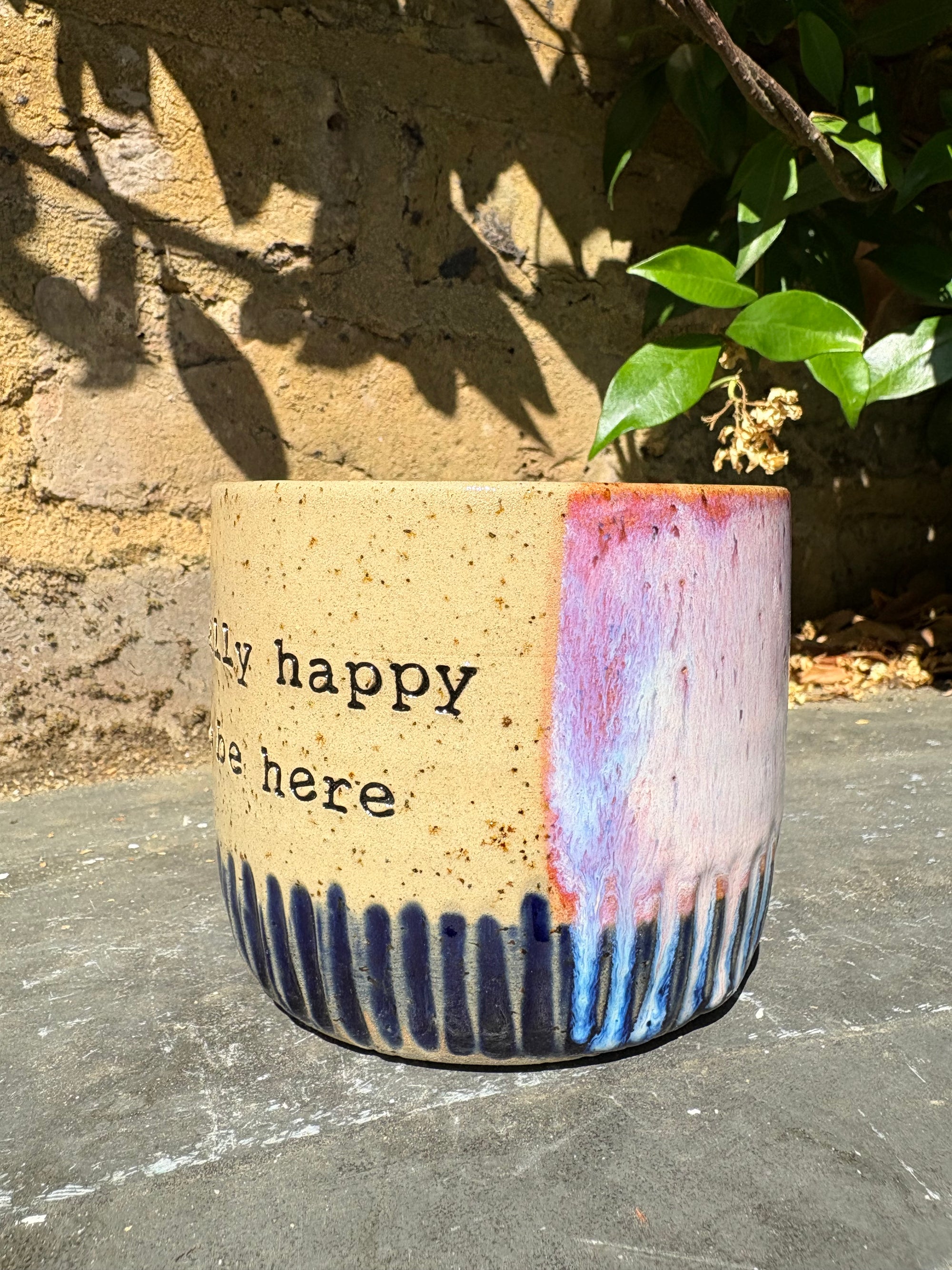 "really happy to be here” "what a bunch of cunts" mug (pink blue grooves, 380ml)