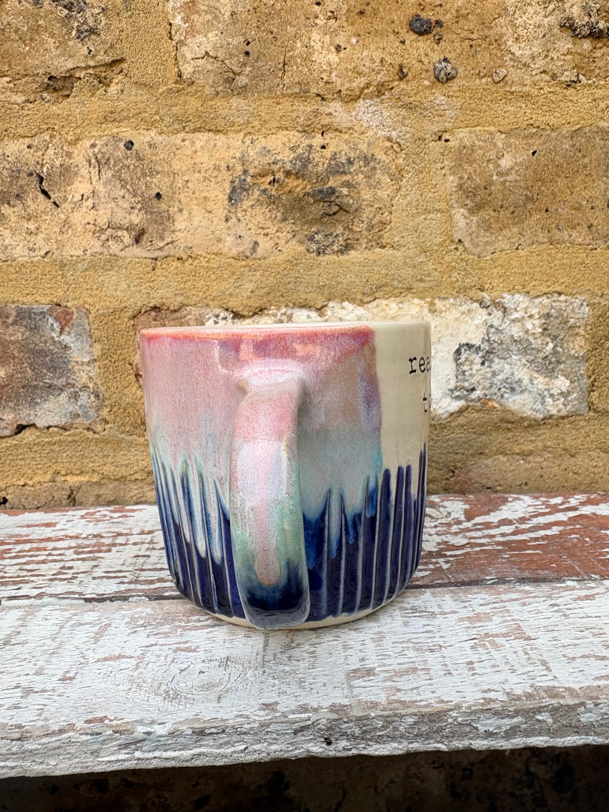 "really happy to be here” "what a bunch of cunts" mug (pink night sky, grooves)
