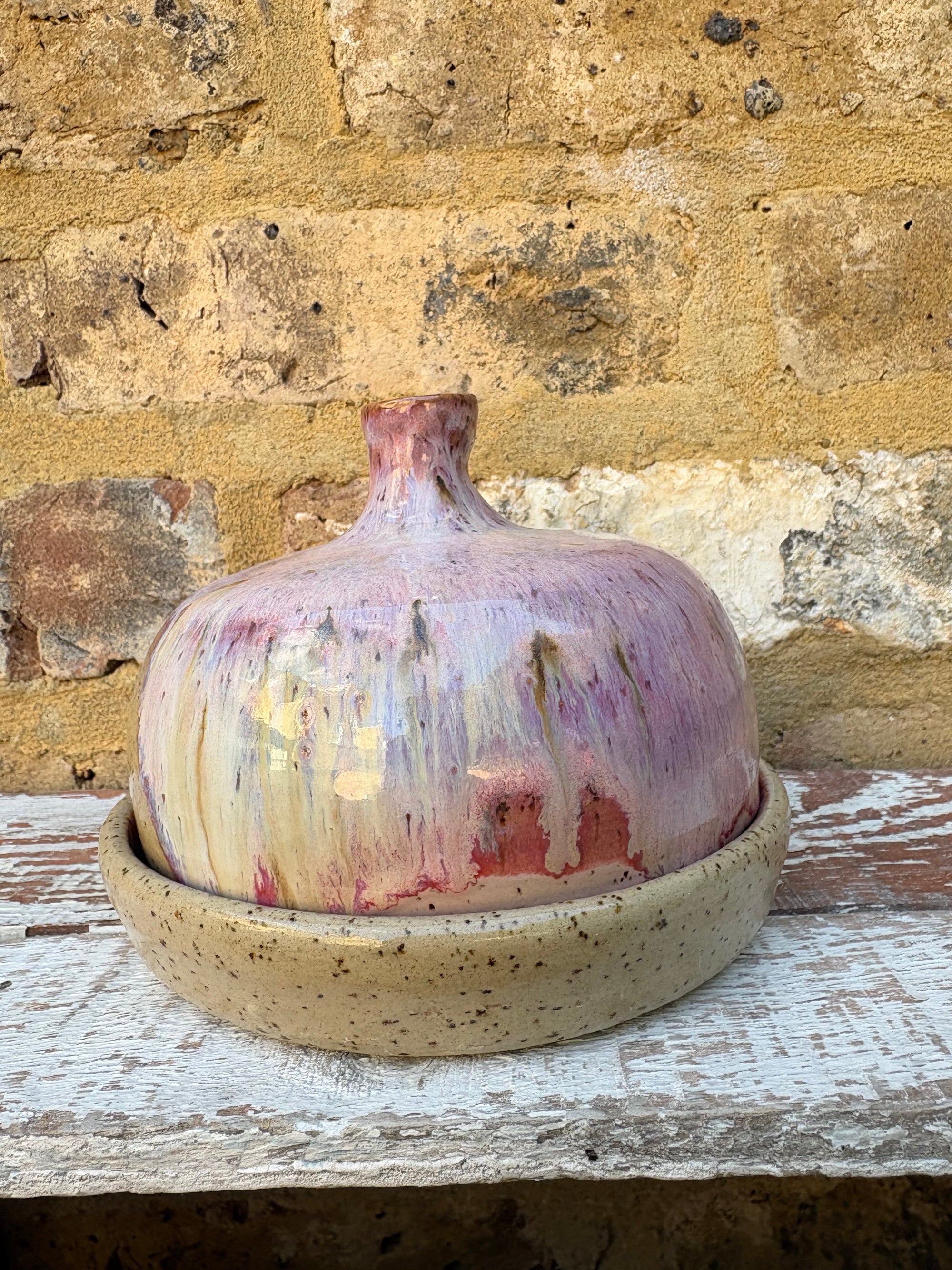 Butter Dish (butter slut, pink wood, flecked clay, knob)