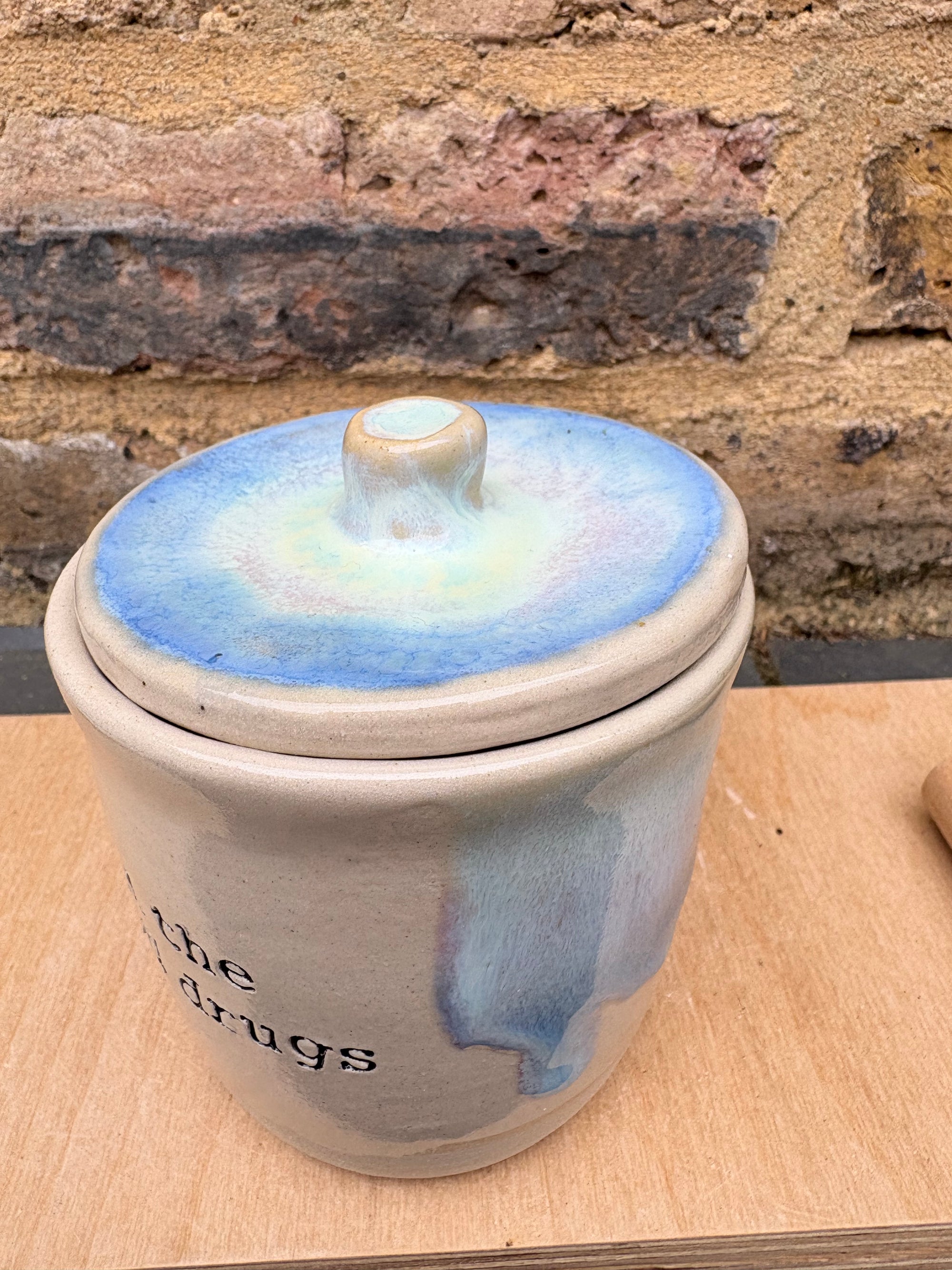 “all the good drugs" lidded pot (oyster blue)