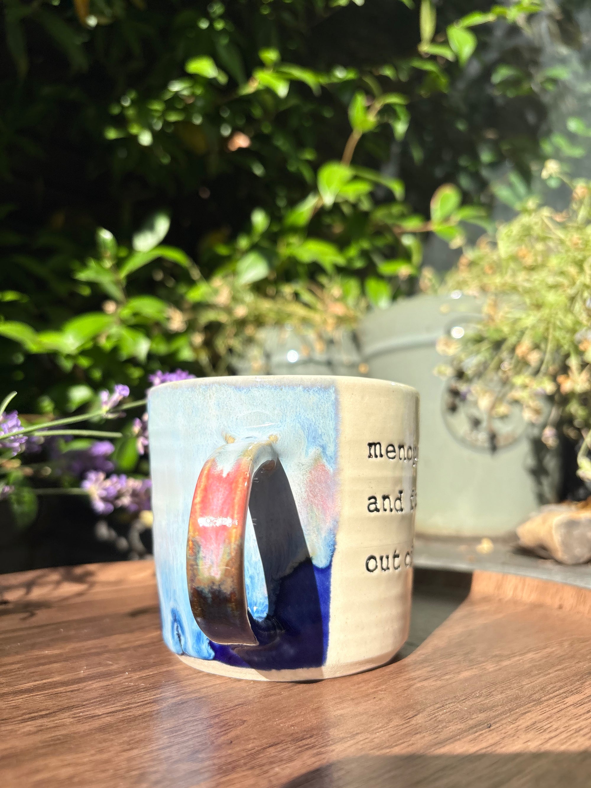 "menopausal and fresh out of fucks" mug (blues night sky)