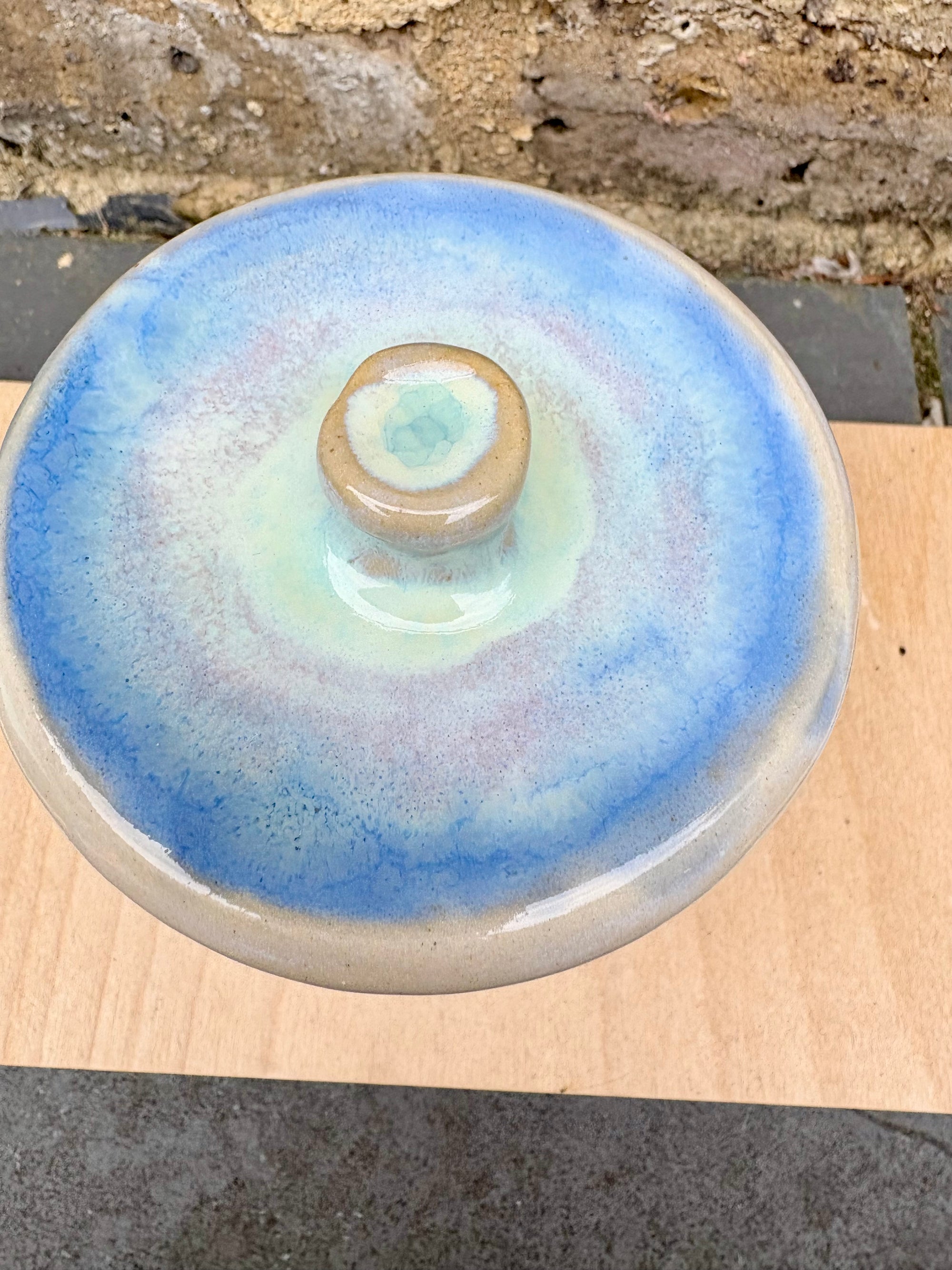 "all the drugs live here" lidded pot (oyster blue)