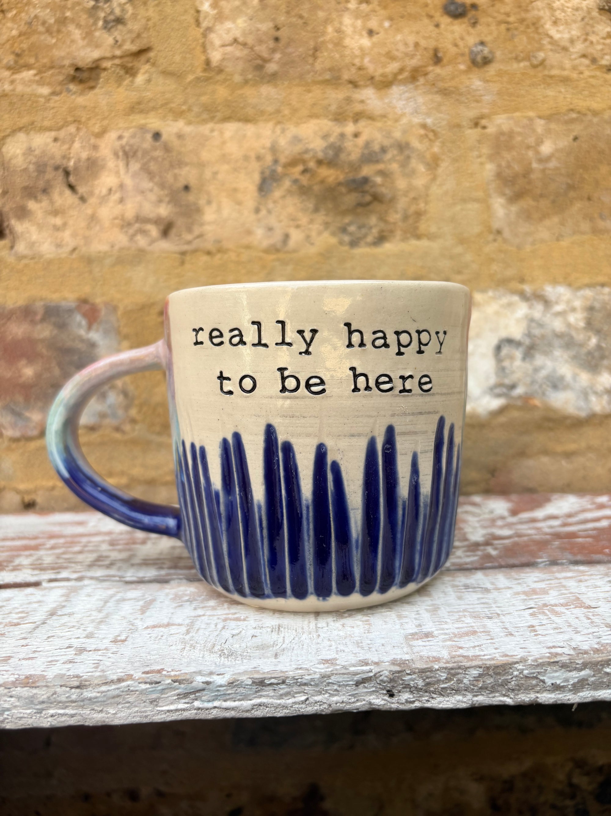 "really happy to be here” "what a bunch of cunts" mug (pink night sky, grooves)