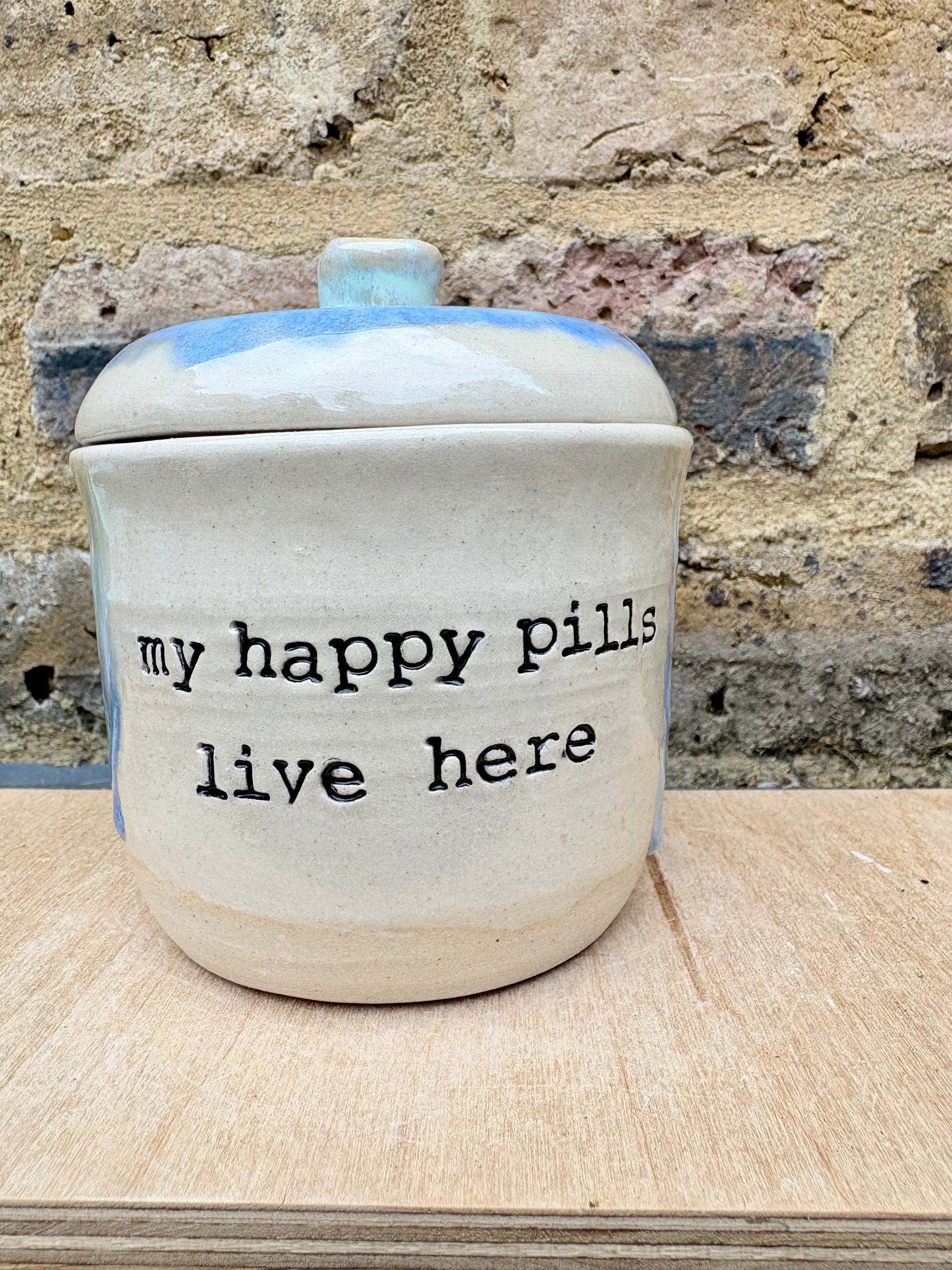 "my happy pills live here" lidded pot (oyster blue)