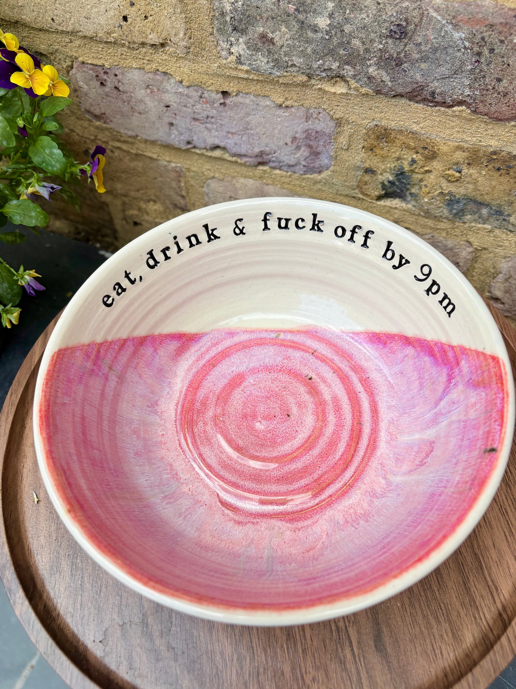 “eat, drink and fuck off by 9pm" round salad/pasta bowl (pink, cream clay, second)