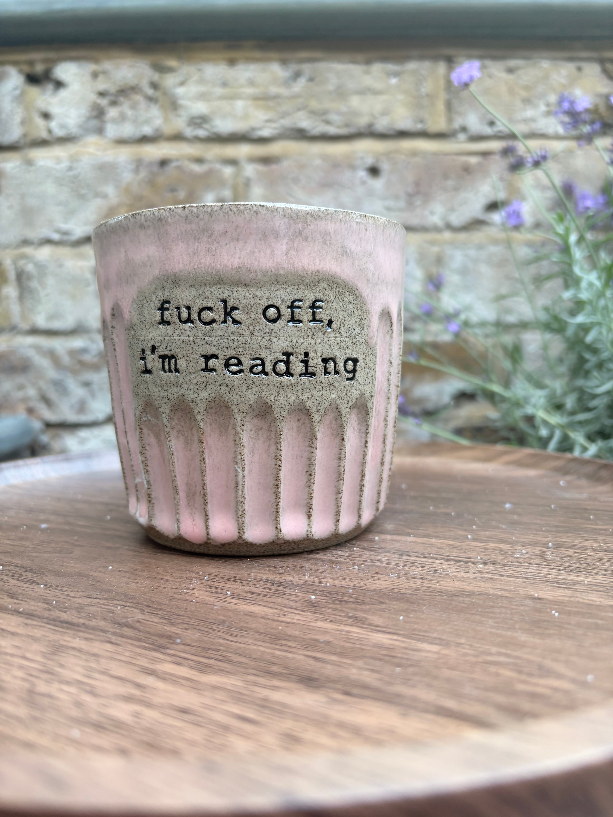 “Fuck off i'm reading" mug (no handle) (pink, grey clay)