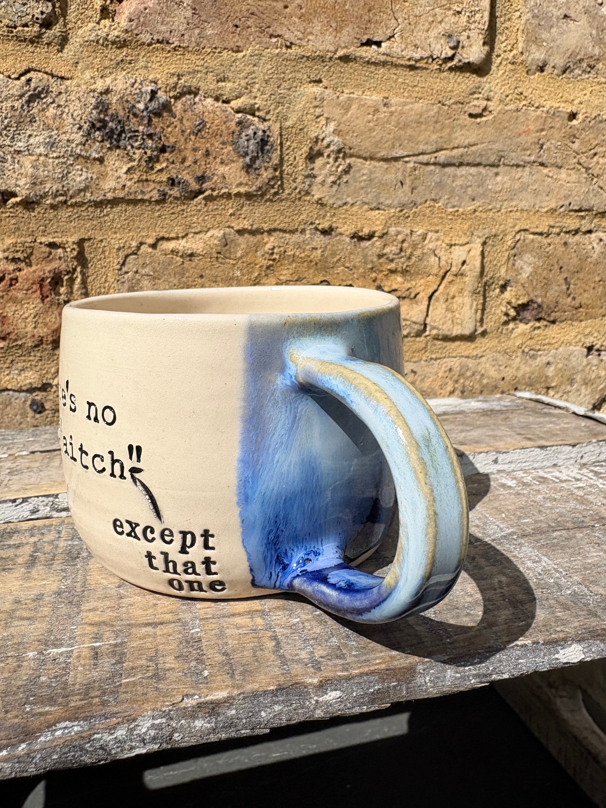 ""there's no "h" in "aitch" except that one" mug (blues)