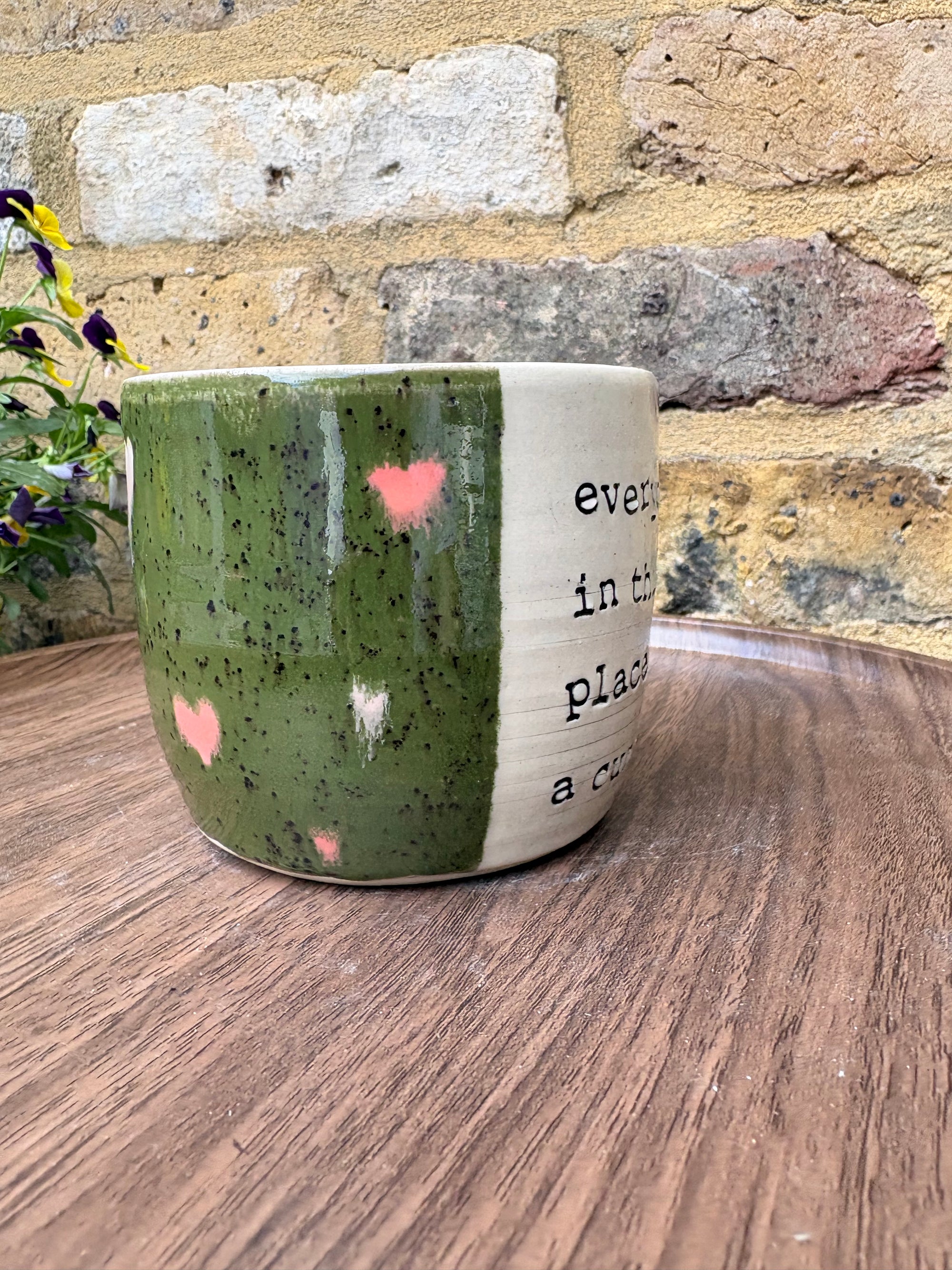 "I 🩷 WORK” "everyone in this place is a cunt" mug (green, right hander, pink hearts)