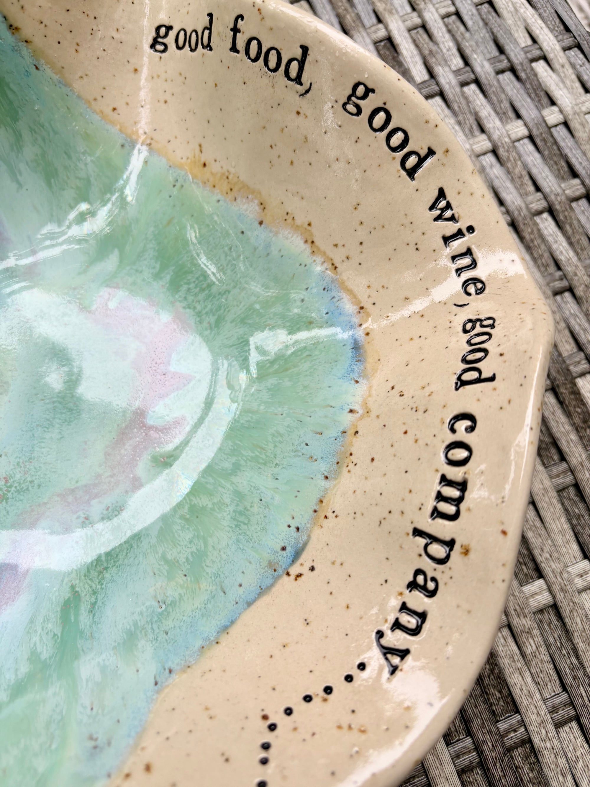 “good food, good wine, good company..." long and deep salad dish