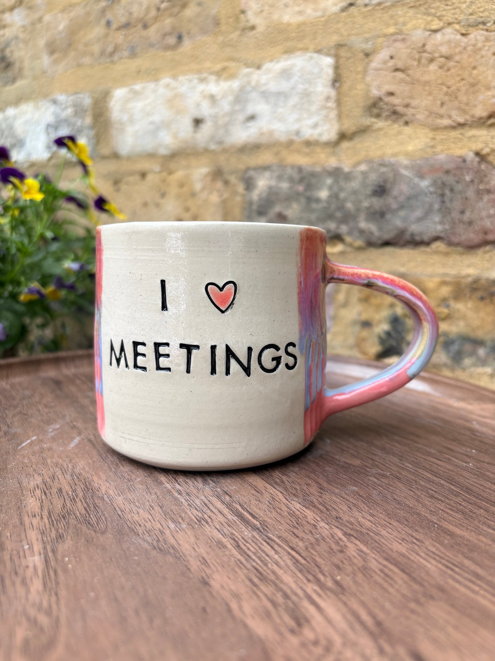 "I 🩷 meetings” "everyone in this meeting is a cunt" mug (pinks, medium)